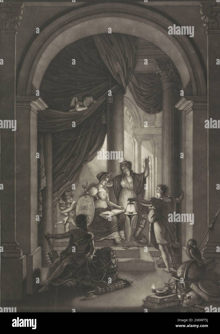 Allégorie de la franc-maçonnerie, c. 1810-1840, allégorie de la franc-maçonnerie, c. 1810-1840. Temple sombre avec des groupes de personnages près de trois colonnes. Au centre, deux femmes sont illuminées par un jeune homme (beauté). La femme assise a un livre ouvert sur ses genoux, un diadème avec une boussole sur sa tête, sa main droite avec un marteau et un carré reposant sur un bouclier avec l'œil tout-voyant. Hercule gauche avec un lion dans une muselière (puissance). Dans la colonne de droite, symboles de Minerve, arts et sciences (sagesse)., estampe, imprimeur : Willem Grebner, (mentionné sur l'objet), après dessin par : Johannes Hubertus Reygers Banque D'Images