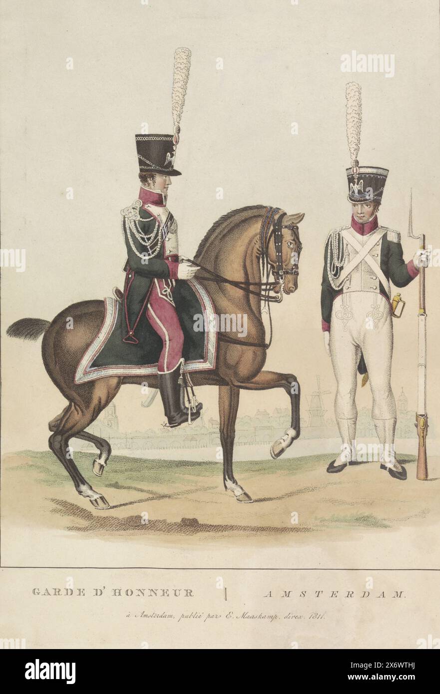 Garde d'honneur à Amsterdam, 1811, Garde d'honneur, Amsterdam (titre sur objet), uniformes de cavalerie et d'infanterie de la garde d'honneur à Amsterdam, fondée pour la visite de Napoléon Bonaparte aux pays-Bas en 1811. Sans le numéro 2., impression, imprimeur : anonyme, Evert Maaskamp, (mentionné sur l'objet), Editeur : Evert Maaskamp, (mentionné sur l'objet), imprimeur : pays-Bas, Amsterdam, éditeur : Amsterdam, 1811, papier, gravure, hauteur, 325 mm × largeur, 230 mm Banque D'Images