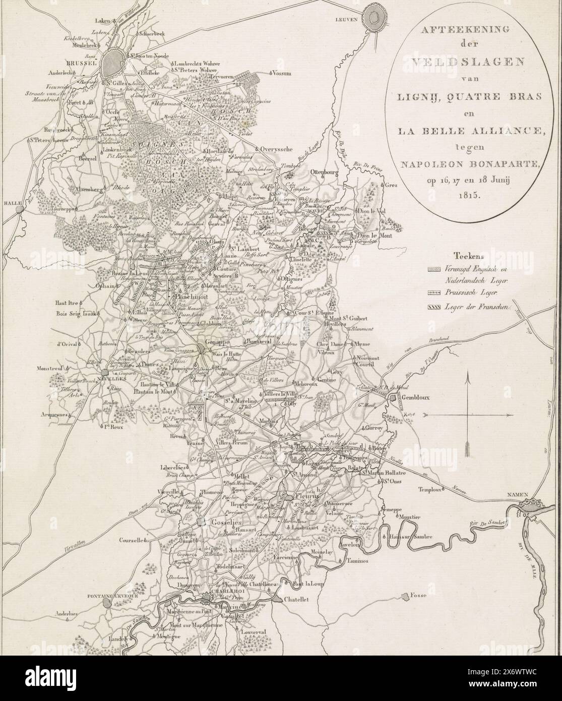 Plan des batailles de quatre-bras et Waterloo, 16-18 juin 1815, dessin des batailles de Lignij, quatre bras et la belle Alliance, contre Napoléon Bonaparte, les 16, 17 et 18 juin 1815 (titre sur objet), carte de la région entre Bruxelles et Charleroi où les batailles ont eu lieu entre les armées des Alliés et l'armée française sous Napoléon entre le 16 et le 18 juin 1815 à Ligny, quatre-bras et Waterloo. Les ordres de bataille des armées sont montrés sur la carte., impression, imprimeur : Johannes Fredericus Lange, (mentionné sur l'objet), pays-Bas, 1815 - 1816, papier, gravure, gravure Banque D'Images