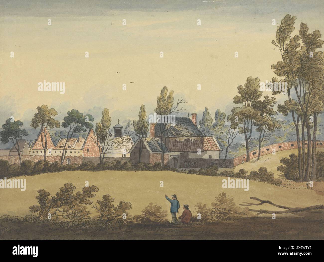 Ruine de Hougoumont, sept plaques de Waterloo et environs (titre de la série), vue sur les ruines du château et de la ferme de Hougoumont, lieu de combats acharnés, près de Waterloo. Les ruines vues de loin. Fait partie d'une série de sept planches avec des vues d'environ 1820 de la région où la bataille de Waterloo a eu lieu le 18 juin 1815., print, print maker : Anonymous, Low Countries, 1815 - 1825, papier, gravure, hauteur, 195 mm × largeur, 260 mm Banque D'Images