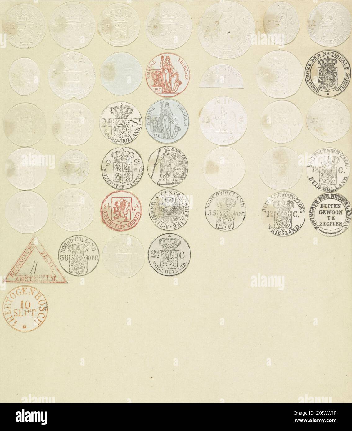 Feuille avec timbres hollandais et français découpés, feuille avec quarante timbres hollandais et français découpés et collés, de la période 1762-1816. Timbres pour la plupart ronds, un semi-circulaire et un triangulaire., impression, imprimeur : anonyme, pays-Bas, 1762 - 1816, papier, hauteur, 290 mm × largeur, 232 mm Banque D'Images