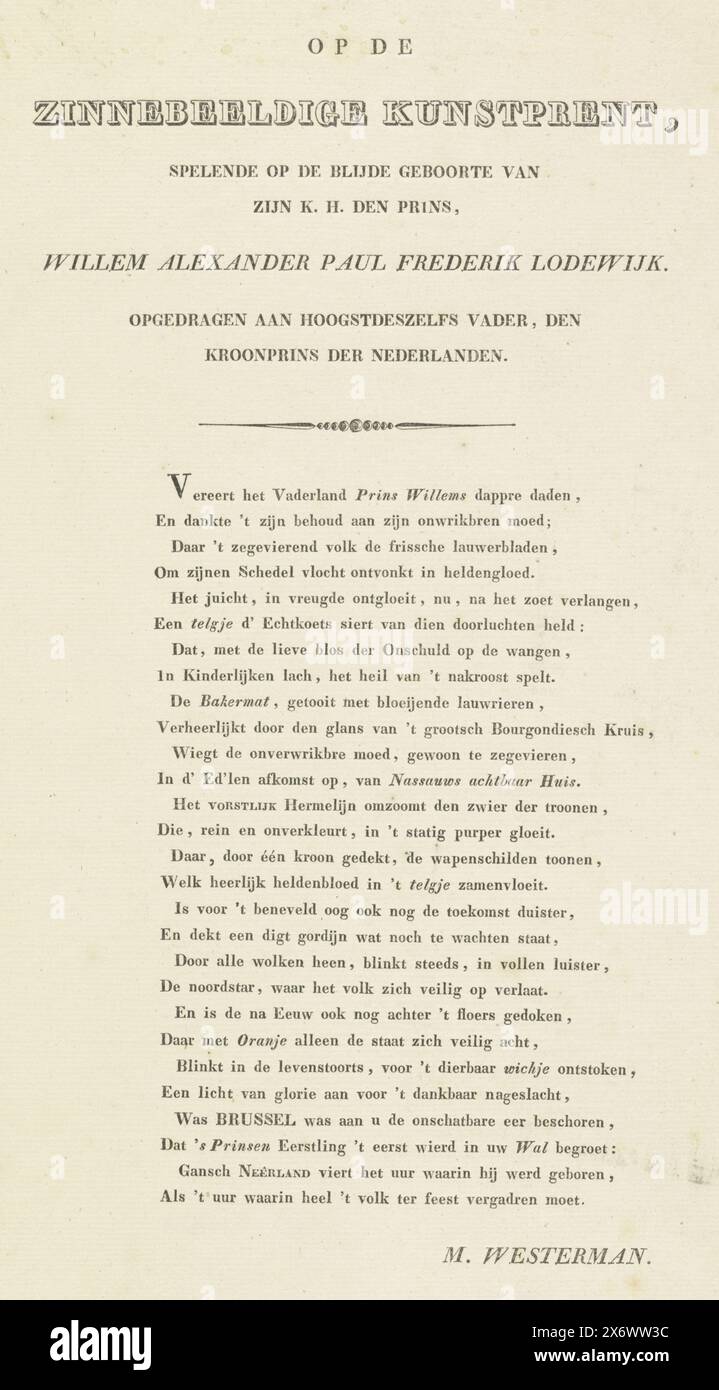 Explication de l'estampe de la naissance du futur roi Willem III, 1817, sur l'estampe symbolique, représentant la joyeuse naissance de son K.H. den Prins, Willem Alexander Paul Frederik Lodewijk (titre sur objet), feuille de texte avec une explication sous forme de rimes de la représentation de l'estampe avec l'allégorie sur la naissance de Willem Alexander Paul Frederik Lodewijk, le prince héréditaire d'Orange et plus tard le roi Willem III, le 19 février 1817. Poème de 28 lignes., estampe, Marten Westerman, (mentionné sur l'objet), pays-Bas, 1817, papier, typographie, hauteur, 315 mm × largeur, 196 mm Banque D'Images