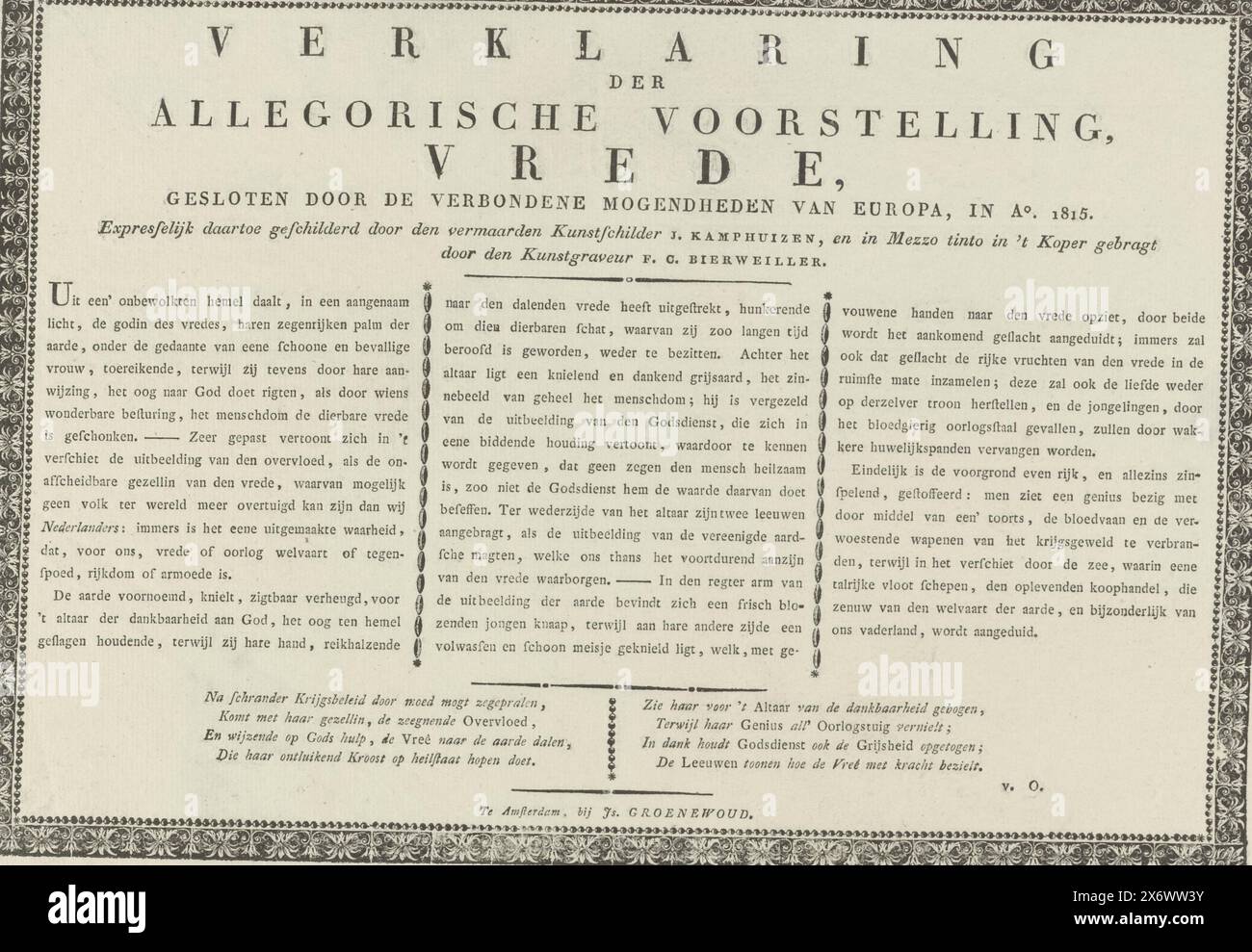 Déclaration à l'allégorie de la deuxième paix de Paris, 1815, Déclaration de la représentation allégorique, paix, conclue par les puissances alliées d'Europe, in Ao.1815 (titre sur l'objet), feuille de texte avec une explication de la représentation de l'estampe avec l'allégorie de la deuxième paix de Paris, 20 novembre 1815. Ci-dessous l'explication sont les mêmes deux versets de quatre lignes en néerlandais que dans l'imprimé, ici signé 'v.O.'., feuille de texte, éditeur : Johannes Groenewoud Jansz, (mentionné sur l'objet), Amsterdam, 1815 - 1816, papier, typographie, hauteur, 260 mm × largeur, 425 mm Banque D'Images