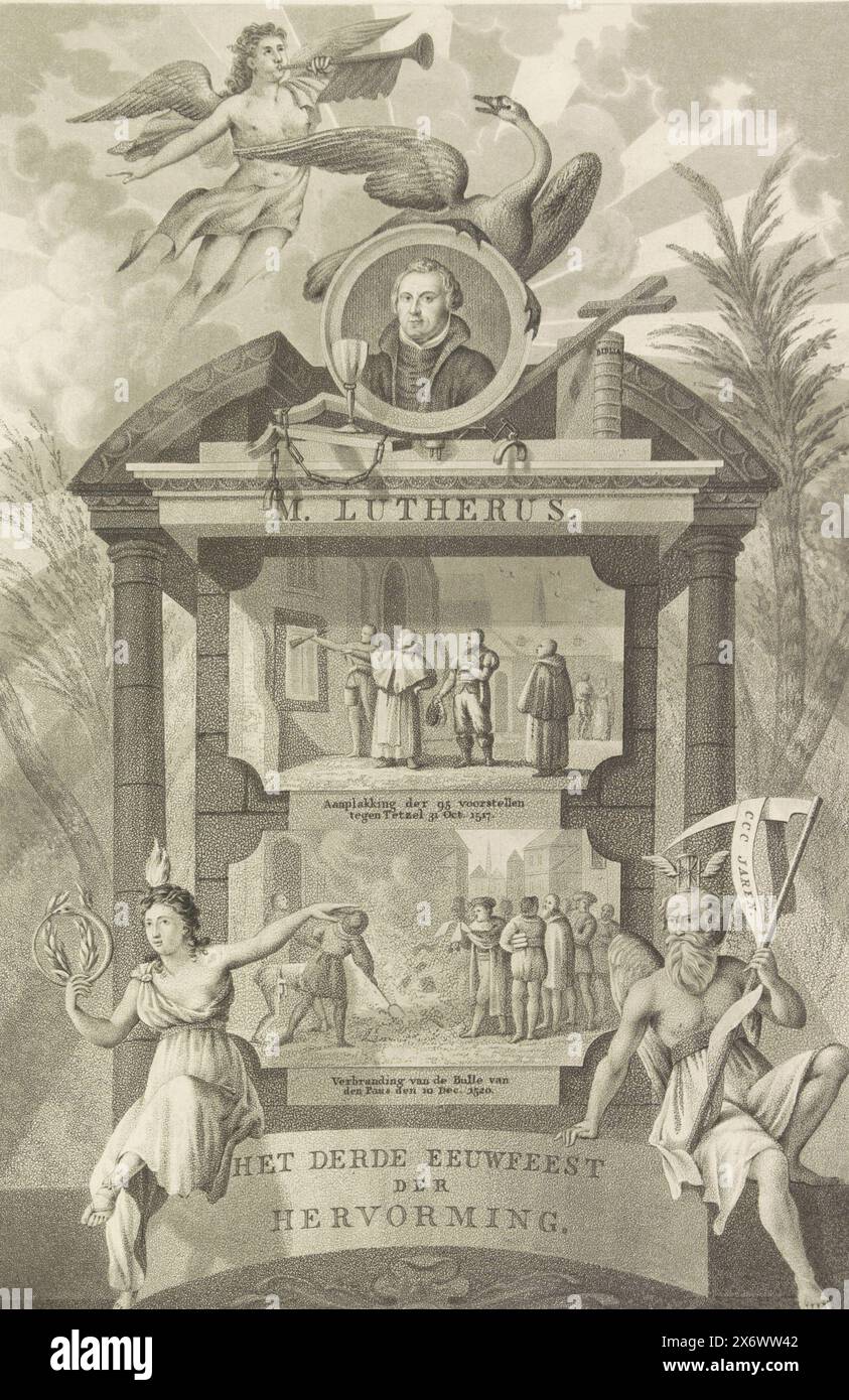 Monument au troisième centenaire de la réforme, 1517-1817, troisième centenaire de la réforme (titre sur objet), Monument au troisième centenaire de la réforme, 1517-1817. Scène allégorique avec un monument central couronné d'un portrait de Martin Luther et d'un cygne. Deux représentations dans le monument. Ci-dessus, l'affichage par Luther des 95 thèses à Wittenberg le 31 octobre 1517. Ci-dessous, l'incendie de la bulle papale et des livres de droit à Wittenberg le 10 décembre 1520. Dans les nuages, la renommée souffle une trompette. Ci-dessous la religion et le temps du Père., impression, imprimeur : Willem Hendrik Hoogkamer, ( Banque D'Images