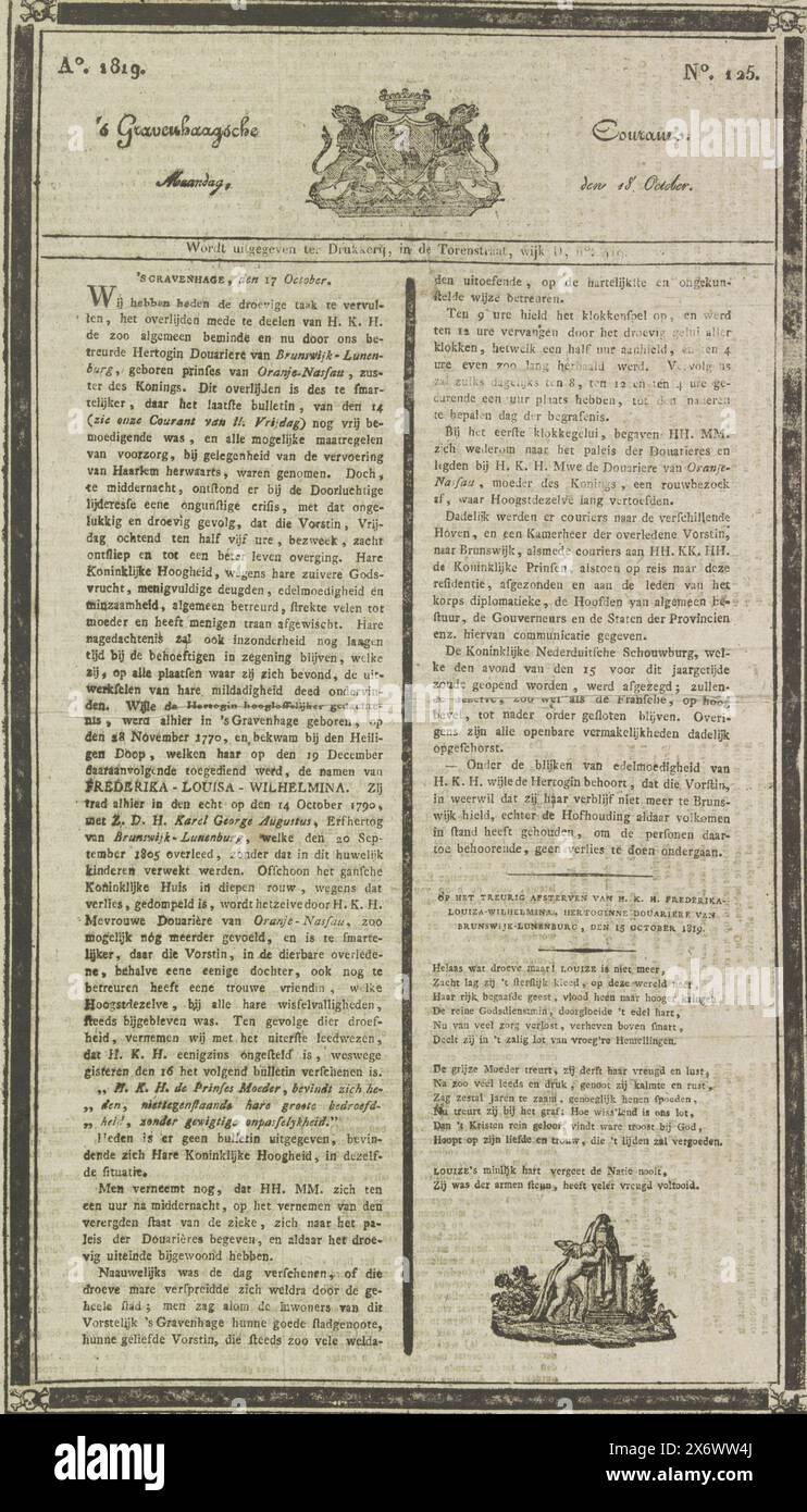 S Gravenhaagsche courant avec la nouvelle de la mort de la princesse Louise d'Orange-Nassau, 1819, 's Gravenhaagsche courant. Lundi 18 octobre. AO. 1819.non. 125 (titre sur objet), épisode de la 's Gravenhaagsche courant du 18 octobre 1819 avec la nouvelle de la mort de Frederica Louisa Wilhelmine, princesse d'Orange-Nassau, veuve du duc Karl George août de Brunswick, le 15 octobre 1819. Plié en demi-feuille avec des bords de deuil noirs autour du texte et une vignette en bas avec un putto de deuil. En haut se trouve le blason de la ville de la Haye., feuille de texte, imprimeur : Bureau der 's. Banque D'Images