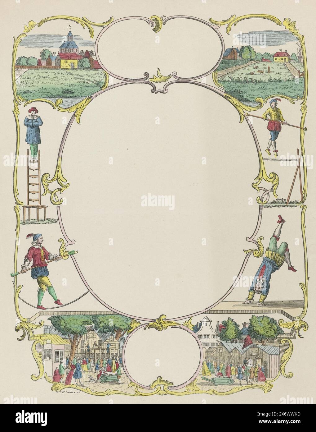 Lettre de vœux avec cadre décoratif, lettre de vœux avec cartouche vierge dans un cadre décoratif avec deux représentations d'un village en haut, acrobates au milieu, une foire en bas. Env. 1800-1850., imprimerie : weduwe C. Kok-van Kolm, (mentionné sur l'objet), imprimerie : Hermanus Numan, (mentionné sur l'objet), imprimerie : Amsterdam, imprimerie : pays-Bas, 1775 - 1780 et/ou 1800 - 1850, papier, hauteur, 462 mm × largeur, 355 mm Banque D'Images