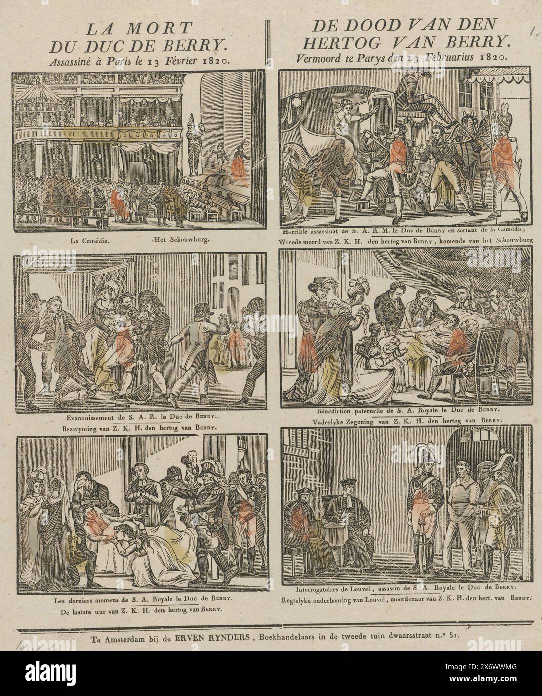 La mort du duc de Berry (...), la mort du duc de Berry. Assassiné à Paris le 13 février 1820 (titre sur objet), feuille avec six scènes de la tentative d'assassinat sur Charles Ferdinand, duc de Berry, à Paris le 13 février 1820. Sous chaque image une légende en français et en néerlandais. Non numéroté. Env. 1830-1855., print, Erve H. Rynders, (mentionné sur l'objet), éditeur : Philippus Jacobus Brepols, imprimeur : Anonymous, Amsterdam, éditeur : Turnhout, imprimeur : Belgique, 1830 - 1855, papier, typographie, hauteur, 395 mm × largeur, 340 mm Banque D'Images