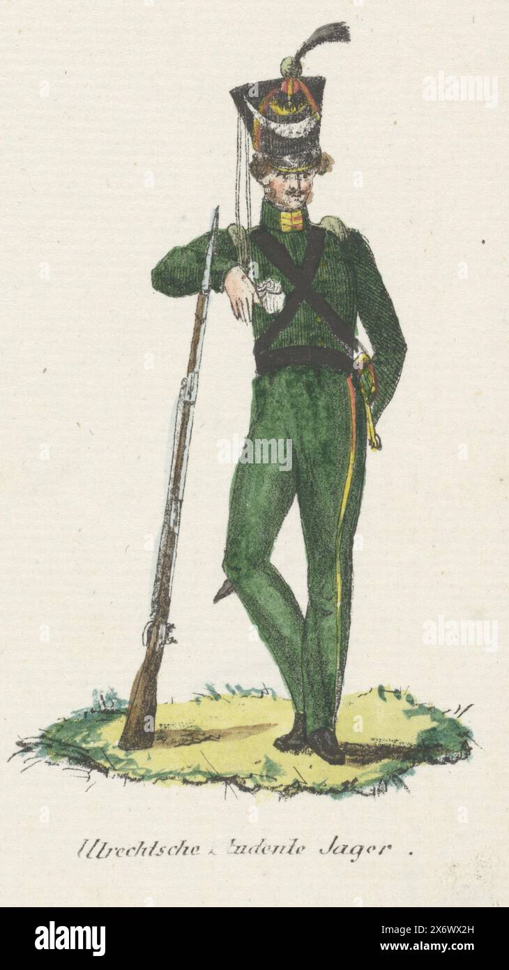 Chasseur des étudiants d'Utrecht, Utrechtsche Studente Jager (titre sur objet), 21 plaques d'uniformes hollandais vers 1830 (titre de la série), uniforme des chasseurs volontaires des étudiants d'Utrecht. Fait partie d'une série de 21 petites estampes d'uniformes de l'armée néerlandaise (Koninklijke Nederlandsche Armée) vers 1830., estampe, imprimeur : Willem Charles Magnenat, éditeur : Evert Maaskamp, imprimeur : pays-Bas, éditeur : Amsterdam, 1830 - 1835, papier, hauteur c. 113 mm × largeur c. 68 mm Banque D'Images