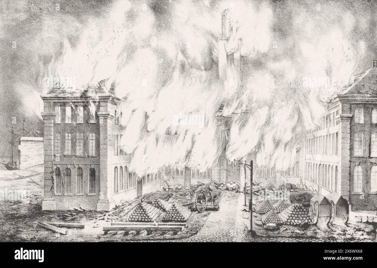 Incendie dans l'Arsenal, 1830, vue de l'incendie de l'Arsenal d'Anvers, le 27 8.bre 1830 (titre sur objet), dix-neuf planches des combats à Anvers, 26-27 octobre 1830 (titre de la série), l'Arsenal s'enflamme lors du bombardement d'Anvers le 27 octobre 1830. Fait partie d'une série de dix-neuf planches des combats à Anvers, du 26 au 27 octobre 1830., imprimerie, imprimerie : anonyme, imprimeur : Henry Ratinckx, (mentionné sur l'objet), imprimeur : Belgique, imprimeur : Anvers, 1830 - 1831, papier, hauteur, 228 mm × largeur, 304 mm Banque D'Images