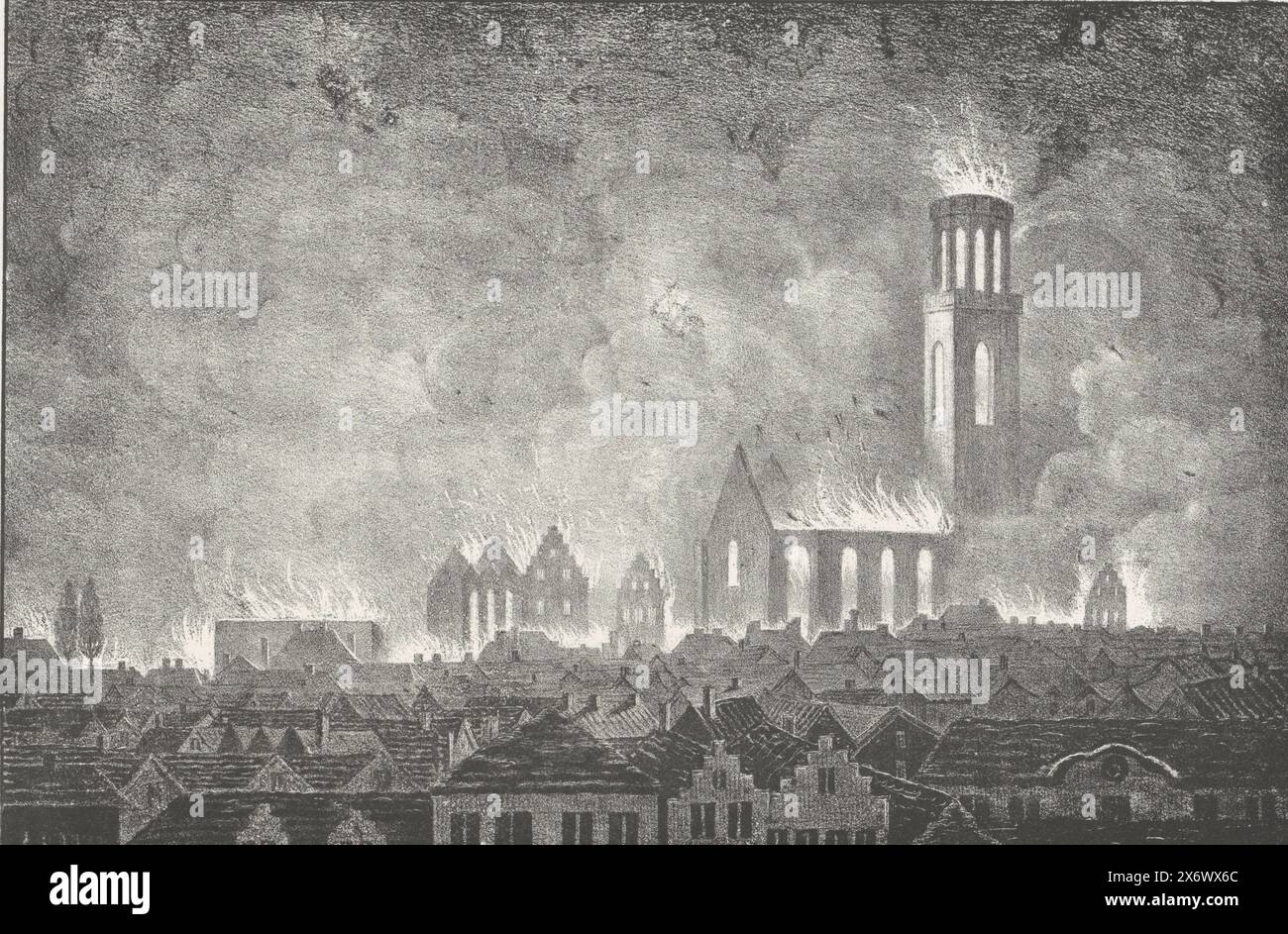 Entrepot on Fire, 1830, vue de l'Entrepôt d'Anvers. au moment de l'incendie fait par le bombardement dans la nuit du 27 au 28 8.bre 1830 (titre sur objet), dix-neuf planches des combats à Anvers, 26 au 27 octobre 1830 (titre de la série), incendie dans un quartier d'Anvers. L'entrepot et l'abbaye de Michael prennent feu lors du bombardement d'Anvers le 27 octobre 1830. Fait partie d'une série de dix-neuf planches des combats à Anvers, du 26 au 27 octobre 1830., imprimeur, imprimeur : J.J. Cöntgen, (mentionné sur l'objet), imprimeur : Henry Ratinckx, (mentionné sur l'objet), imprimeur : Belgique, imprimante Banque D'Images