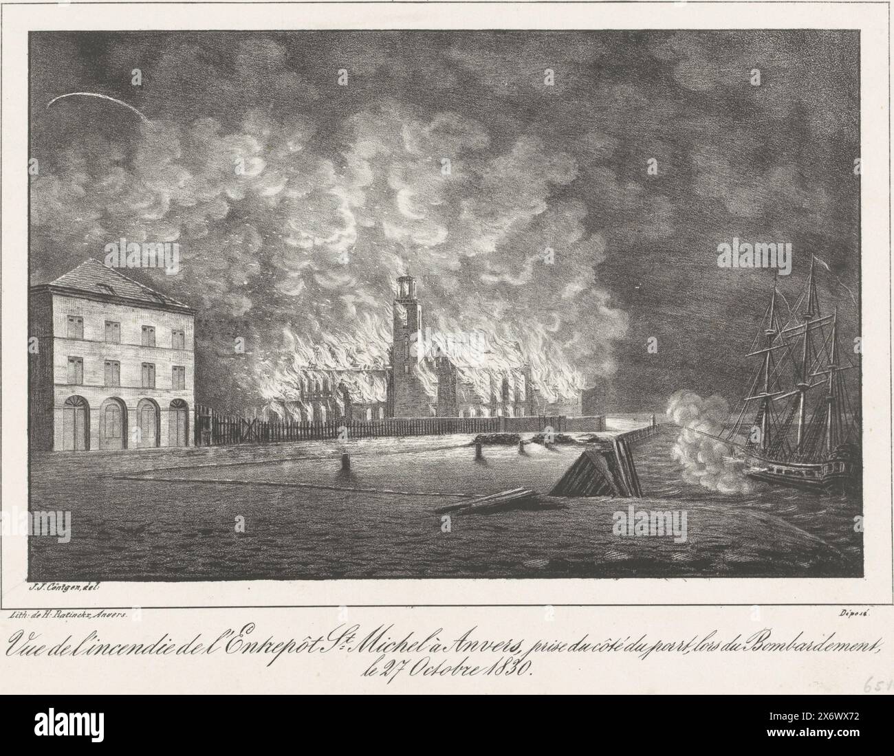 Entrepot on Fire, 1830, vue de l'incendie de l'Entrepôt constituée Michel à Anvers. au moment de l'incendie fait par le bombardement dans la nuit du 27 au 28 8.bre 1830 (titre sur objet), dix-neuf planches des combats à Anvers, 26 au 27 octobre 1830 (titre de la série), incendie dans l'entrepôt de l'abbaye de Michel lors du bombardement d'Anvers le 27 octobre 1830. Sur la droite, un des navires hollandais bombarde la ville. Fait partie d'une série de dix-neuf planches des combats à Anvers, du 26 au 27 octobre 1830., imprimeur, imprimeur : J.J. Cöntgen, (mentionné sur l'objet), imprimeur : Henry Ratinckx, (mentionné sur Banque D'Images