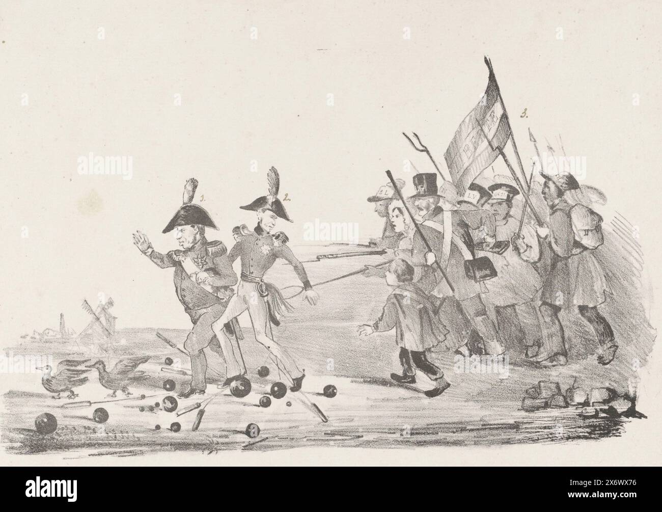 Orange chassé de Belgique, 1830, c'est fini !!! (Titre sur objet), caricature sur l'abolition de la Maison d'Orange-Nassau du trône de Belgique par le Congrès belge, 23 novembre 1830. Un groupe de rebelles belges chasse le roi Guillaume Ier et le prince Frederik du pays. Il y a des boulets de canon et des fusées éclairantes sur le sol entre les pieds des Néerlandais., imprimeur, imprimeur : anonyme, Belgique, 1830 - 1831, papier, hauteur, 274 mm × largeur, 366 mm Banque D'Images