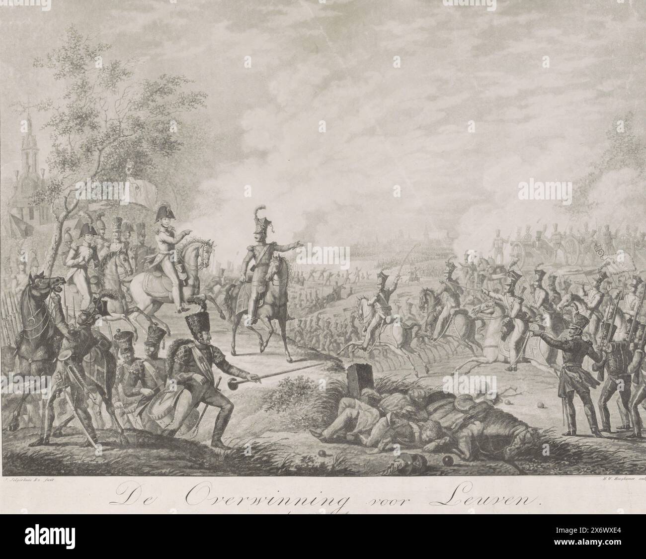 Bataille de Louvain, 1831, la victoire pour Louvain. Le 12 août 1831 (titre sur objet), bataille de Louvain, 12 août 1831. Le Prince d'Orange et le Prince Frederik avec leur personnel, tous à cheval sur la gauche sur une colline. Chargement de cavalerie à droite, 10e régiment de lanciers. Sur la gauche un groupe précédé d'un sergent-batteur. Au centre au premier plan se trouvent les corps de plusieurs Belges tombés et un cheval mort. En dessous du titre se trouve une description en quatre lignes de la performance et de la dédicace aux « héros de Hasselt et Louvain », brisés par la Croix de métal. Voir aussi le pendentif. A séparé Banque D'Images