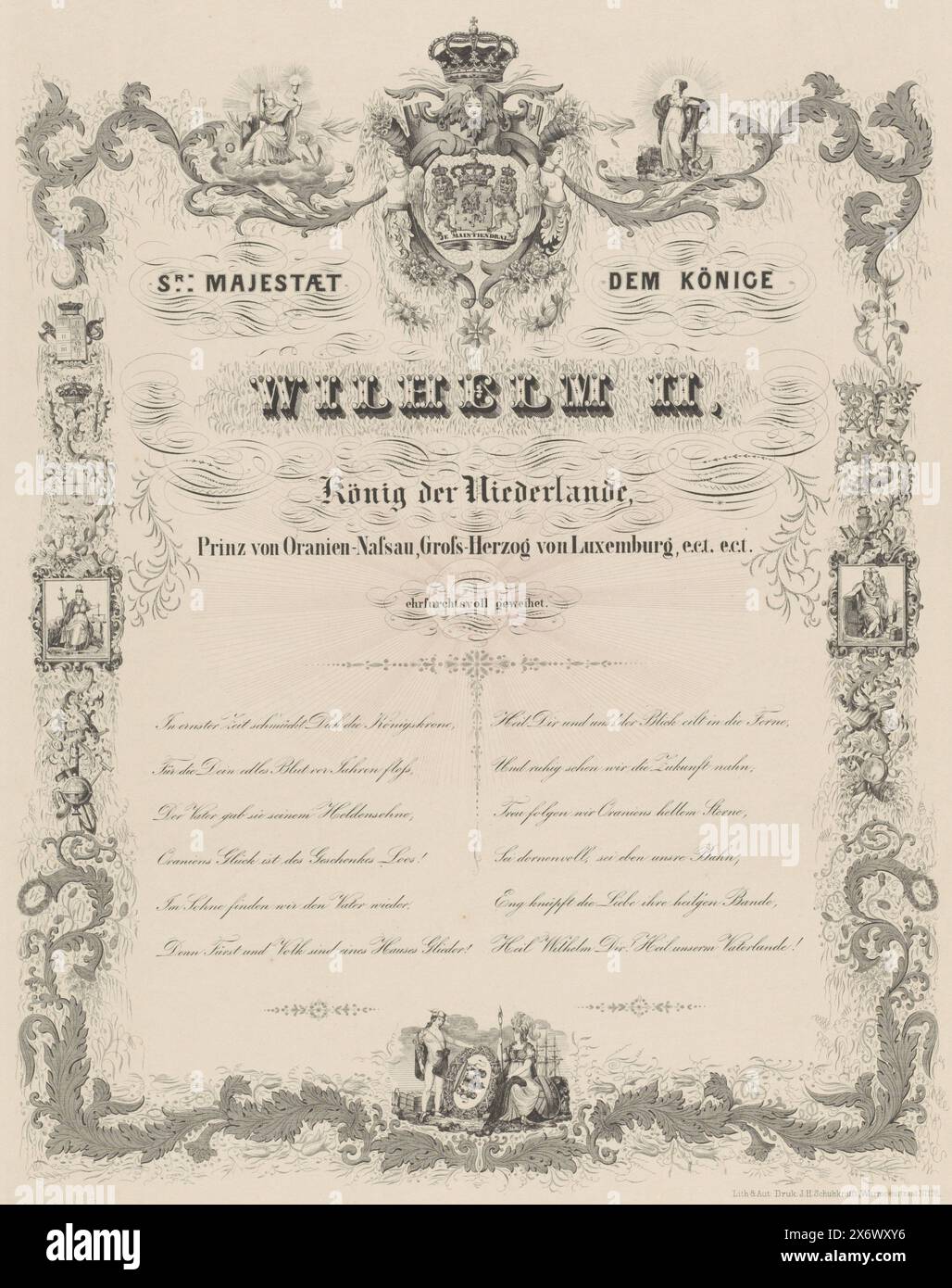 Louanges pour l'accession au trône du roi Guillaume II, 1840, S.R Majestaet dem Könige Wilhelm II, König der Niederlande, Prinz von Oranien-Nassau, Gross-Herzog von Luxemburg, e.c.t. e.c.t,. Ehrfurchtsvoll geweihet (titre sur l'objet), poème allemand de louanges sur l'accession au trône du roi Guillaume II le 28 novembre 1840. Vers de douze lignes en allemand dans deux colonnes. Dans un cadre ornemental avec des vignes de feuilles et des vignettes allégoriques. En haut, les armoiries du monarque entre foi et espérance., estampe, imprimeur : G. von Ballerstedt, G. von Ballerstedt, imprimeur : Johann Heinrich Banque D'Images