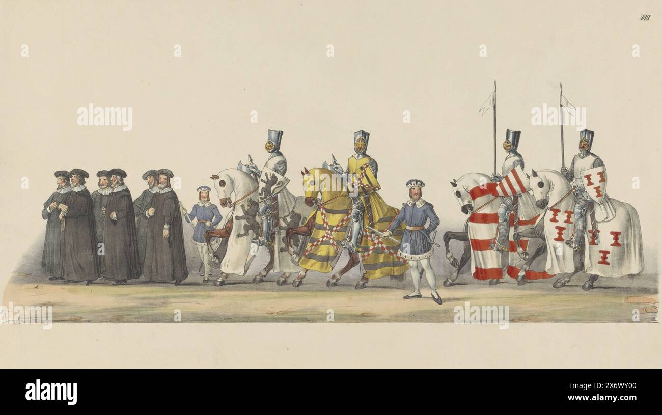 Défilé costumé de 1841 : chevaliers à cheval (page III), défilé costumé. Représentant la réception du roi romain Willem II Comte de Hollande à Utrecht en janvier 1249 donnée par des étudiants de HH à l'occasion de la 25ème année de la restauration de l'Utrechtsche Hoogeschool le 2 juin 1841 (titre de la série sur objet), précédé de quatre chevaliers en armure à cheval par un groupe de citoyens, éventuellement des enseignants affiliés au Collège. Feuille numérotée III dans la série de dix-huit planches de la parade costumée historique représentant la réception du comte Guillaume II de Hollande à Utrecht en 1249. Le Banque D'Images