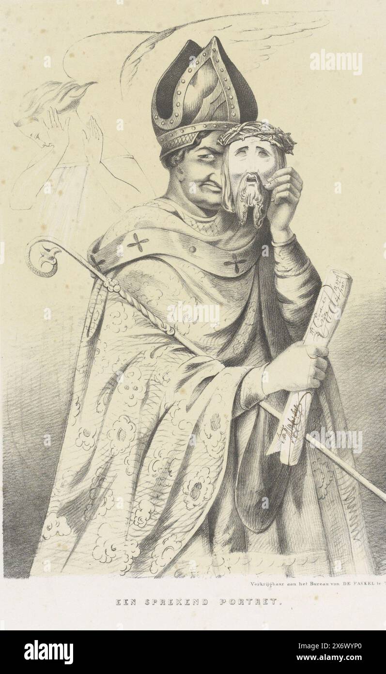 Caricature sur la duplicité de l'Église romaine, en réponse au mouvement d'avril 1853, histoire du jour, Portrait parlant (titre sur l'objet), caricature sur le manque de fiabilité et la duplicité de l'Église catholique romaine en réponse au mouvement d'avril 1853. Un évêque montre son vrai, faux visage derrière un masque de Christ. En arrière-plan, un ange fait un geste méprisant. L'évêque a dans sa main un document enroulé qui dit «le serment»., imprimeur, imprimeur : anonyme, éditeur : de Fakkel (Tiel), (mentionné sur l'objet), imprimeur : pays-Bas, éditeur : Tiel, 1853, papier, hauteur, 500 mm Banque D'Images