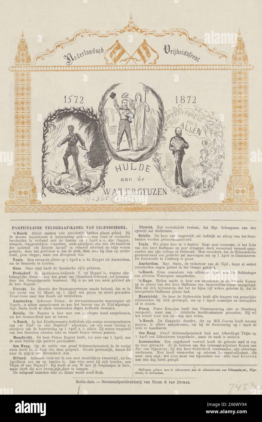 Festival de la liberté néerlandaise. 1571 1872 hommage aux mendiants de l'eau (titre sur objet), plaque commémorative de la capture de Den Briel le 1er avril 1572 lors de la célébration des 300 ans de liberté néerlandaise 1572-1872. Trois scènes dans un monument typographique orange. A gauche, Alva pivote les corps de ses victimes, au centre Lumey (?) Est couronné par la Vierge néerlandaise, à droite le roi Willem III avec la constitution entre ses mains Banque D'Images