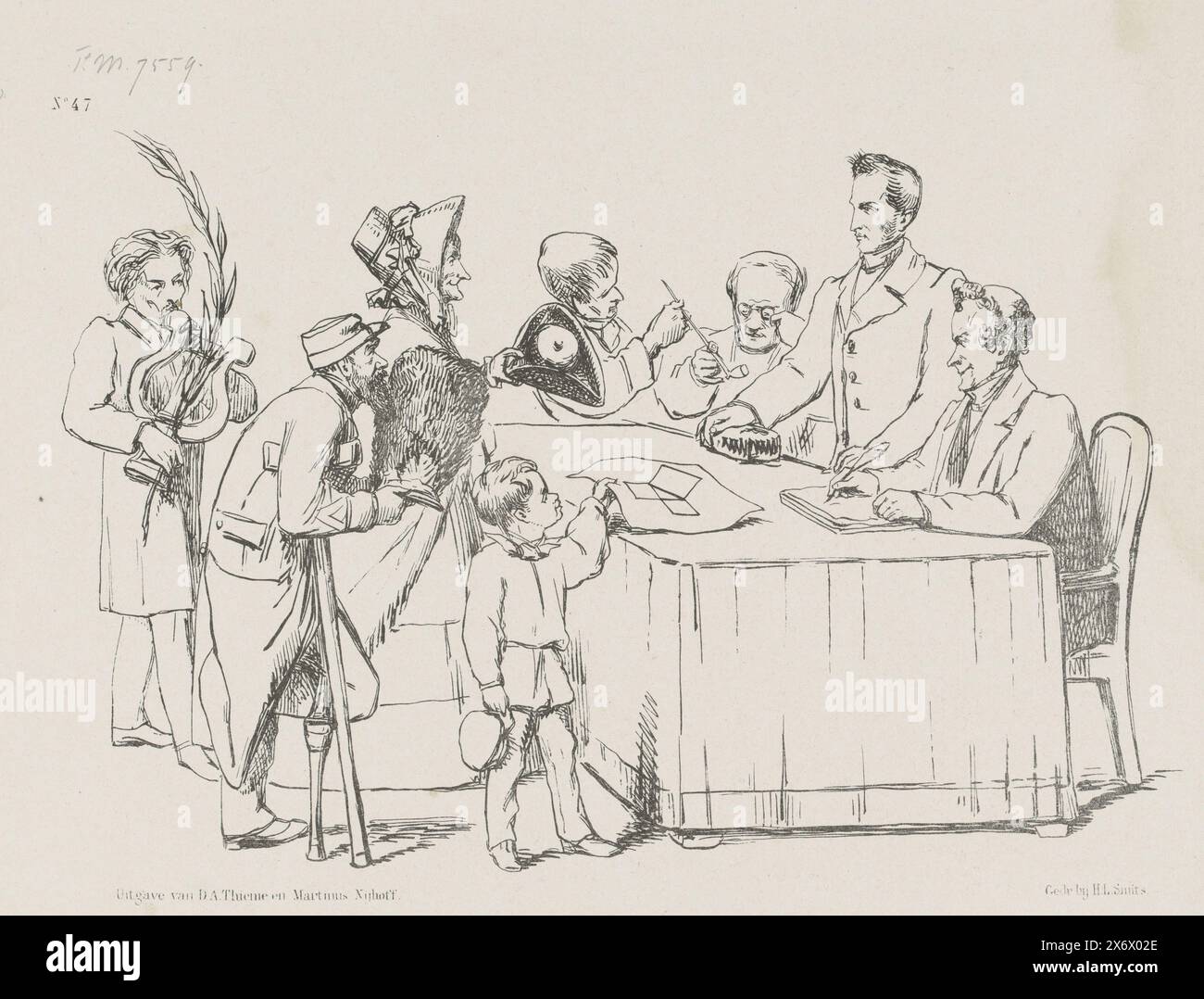 Caricature sur l'appel de l'Académie royale pour traquer les restes de l'art néerlandais, 1860, caricature sur l'appel de l'Académie royale des sciences [néerlandaise] pour traquer les restes de l'art et de la civilisation hollandaise. Plusieurs personnes remettent de vieux objets sans valeur à un comité de l'Académie. Plaque publiée dans le magazine hebdomadaire de Nederlandsche Spectator, no. 47, 24 novembre 1860., imprimeur : Johan Michaël Schmidt Crans, imprimeur : H.L. Smits, (mentionné sur l'objet), éditeur : Dirk Anthonie Thieme, (mentionné sur l'objet), imprimeur : pays-Bas, imprimeur : pays-Bas, éditeur : Arnhem, Editeur : The Banque D'Images
