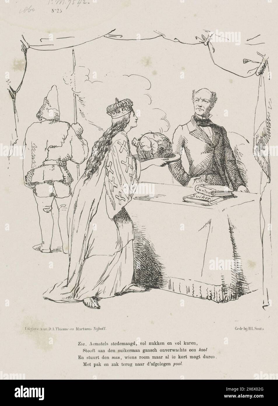 Caricature sur l'élection de S. Cool, 1860, caricature sur l'élection de Simon Cool comme député au nom d'Amsterdam au lieu de Poolman, un ami du ministre Rochussen. La vierge de la ville d'Amsterdam sert le ministre ragoût de chou. Plaque publiée dans le magazine hebdomadaire de Nederlandsche Spectator, no. 25, 23 juin 1860., imprimeur : Johan Michaël Schmidt Crans, imprimeur : H.L. Smits, (mentionné sur l'objet), éditeur : Dirk Anthonie Thieme, (mentionné sur l'objet), imprimeur : pays-Bas, imprimeur : pays-Bas, éditeur : Arnhem, Editeur : la Haye, 1860, papier, hauteur c Banque D'Images