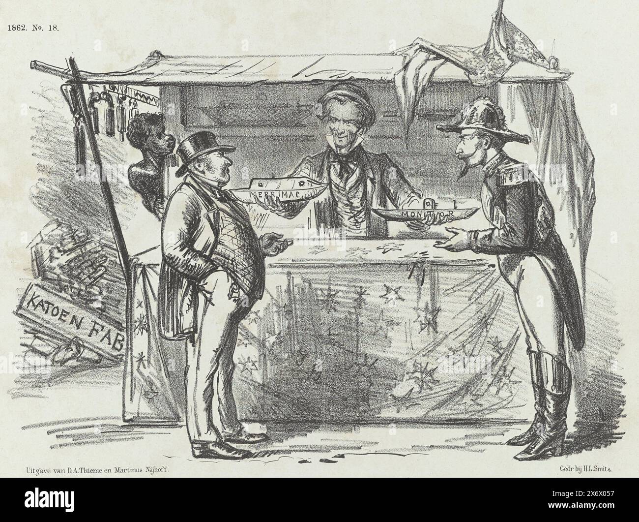 Caricature sur les nouveaux navires de guerre américains, 1862, caricature avec John Bull (Angleterre) et l'empereur Napoléon III à un stand américain où le coton n'est plus disponible, mais les nouveaux navires de guerre américains le Merrimac et le Monitor sont disponibles. Un esclave d'origine africaine regarde autour du coin de la stalle. Suivant le rôle de ces navires lors de la bataille de Hampton Roads le 9 mars 1862 pendant la guerre de Sécession. Plaque publiée dans le magazine hebdomadaire de Nederlandsche Spectator, no. 18, 3 mai 1862., imprimeur, imprimeur : Johan Michaël Schmidt Crans, imprimeur : H.L. Smits, (mentionné sur Banque D'Images