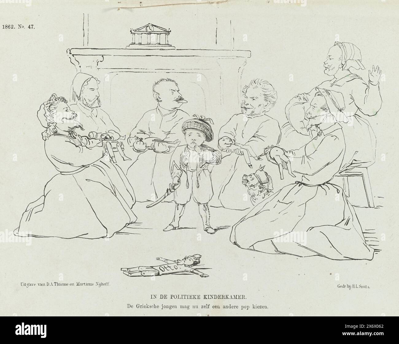 Caricature sur le trône royal grec vacant, 1862, dans la pépinière politique. Le garçon grec peut maintenant choisir une autre poupée lui-même (titre sur objet), Cartoon sur le trône royal grec vacant après l'abdication du roi Otton Ier de Grèce. Un petit enfant entouré d'adultes (les familles royales européennes) qui offrent tous à l'enfant une poupée jouet. Il y a une poupée marquée 'Otto' sur le sol. Plaque publiée dans le magazine hebdomadaire de Nederlandsche Spectator, no. 47, 22 novembre 1862., imprimerie, imprimeur : Johan Michaël Schmidt Crans, imprimeur : H.L. Smits, (mentionné sur l'objet), éditeur : Dirk Anthonie Thieme, ( Banque D'Images