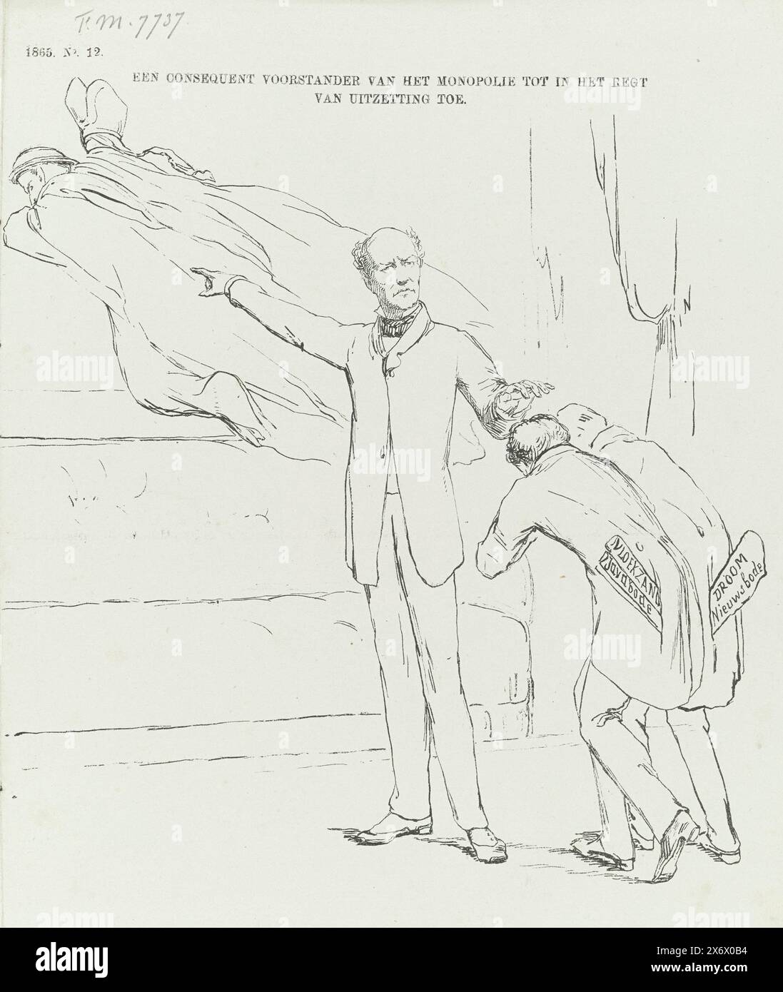 Caricature sur les expulsions de Rochussen, 1865, Un partisan constant du monopole jusqu'au droit d'expulsion (titre sur objet), caricature sur les expulsions par le ministre J.J. Rochussen de MM. Bisschop de Grooff et Woudr. Van Vliet des Indes orientales néerlandaises. En même temps, il protège M. Roorda van Eysinga et Nosse, rédacteurs en chef du Javabode et du Nieuwsbode. Plaque publiée dans le magazine hebdomadaire de Nederlandsche Spectator, no. 12, 25 mars 1865., imprimeur, imprimeur : Johan Michaël Schmidt Crans, imprimeur : H.L. Smits, (mentionné sur l'objet), éditeur : Dirk Anthonie Banque D'Images Caricature sur les expulsions de Rochussen, 1865, Un partisan constant du monopole jusqu'au droit d'expulsion (titre sur objet), caricature sur les expulsions par le ministre J.J. Rochussen de MM. Bisschop de Grooff et Woudr. Van Vliet des Indes orientales néerlandaises. En même temps, il protège M. Roorda van Eysinga et Nosse, rédacteurs en chef du Javabode et du Nieuwsbode. Plaque publiée dans le magazine hebdomadaire de Nederlandsche Spectator, no. 12, 25 mars 1865., imprimeur, imprimeur : Johan Michaël Schmidt Crans, imprimeur : H.L. Smits, (mentionné sur l'objet), éditeur : Dirk Anthonie Banque D'Images