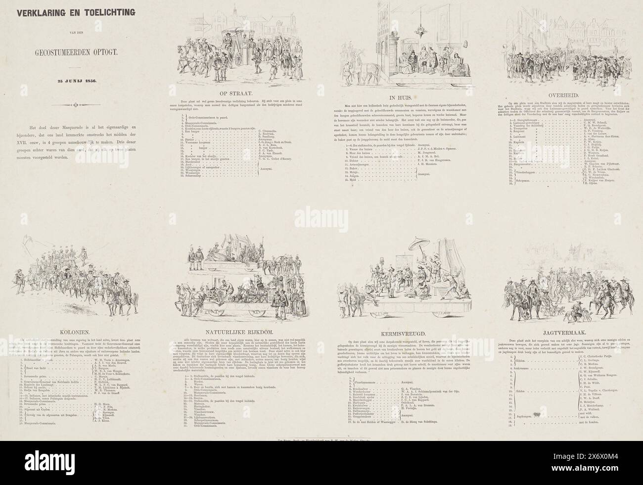 Utrecht mascarade de 1856, explication et légende, explication et explication de la parade costumée. 25 juin 1856 (titre sur objet), notre patrie vers le milieu du XVIIe siècle, présentée par S.A.S. les étudiants, membres de Mutua Fides, à l’occasion du 220e anniversaire de l’Utrechtsche Hoogeschool, le 25 juin 1856 (titre de la série sur objet), feuille avec une explication et une légende pour chacune des sept planches. Une partie du groupe de sept planches expliquant le défilé historique de mascarade effectué par les étudiants de l’association Mutua Fides de l’Université d’Utrecht Banque D'Images