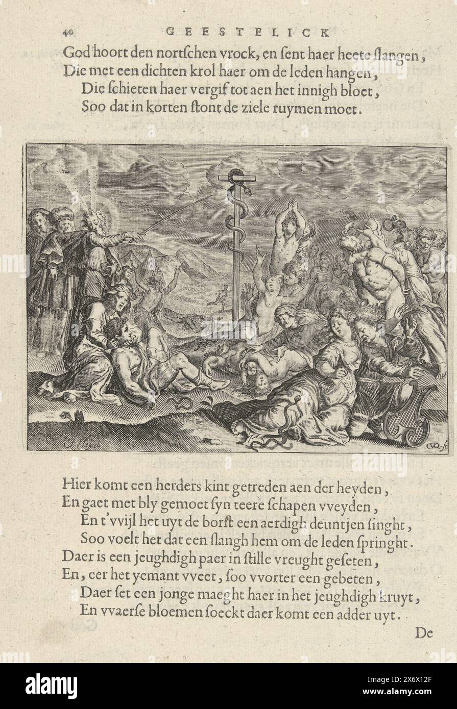 Moïse montre le serpent de cuivre, Moïse pointe avec son bâton jusqu'au serpent de cuivre sur le poteau. Les hommes, les femmes et les enfants se tournent vers le serpent de cuivre pour rester en vie. Numéro 21:6-9., estampe, imprimeur : Crispijn van den Queborn, (mentionné sur l'objet), après dessin de : Jan Hessels, (mentionné sur l'objet), la Haye, 1637, papier, gravure, typographie, hauteur, 102 mm × largeur, 142 mm Banque D'Images