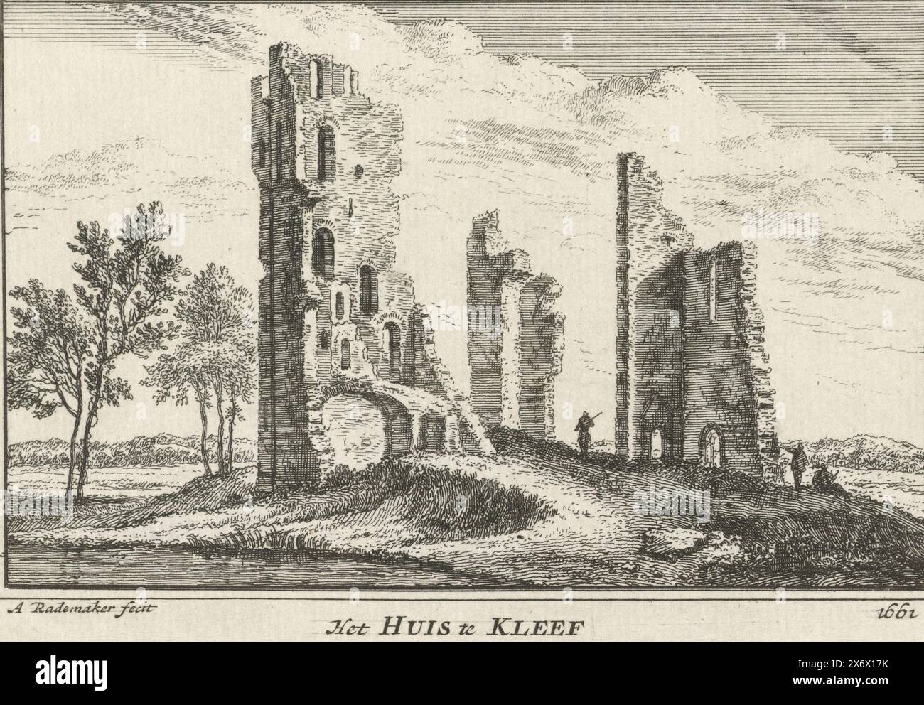 Vue des ruines de huis ter Kleef à Haarlem, 1661, la maison à Kleef 1661 (titre sur l'objet), vue des ruines de huis ter Kleef à Haarlem, telle qu'elle ressemblait vers 1661., imprimerie, imprimeur : Abraham Rademaker, (mentionné sur l'objet), éditeur : Willem Barents, éditeur : Antoni Schoonenburg, Amsterdam, 1727 - 1733, papier, gravure, hauteur, 80 mm × largeur, 115 mm Banque D'Images