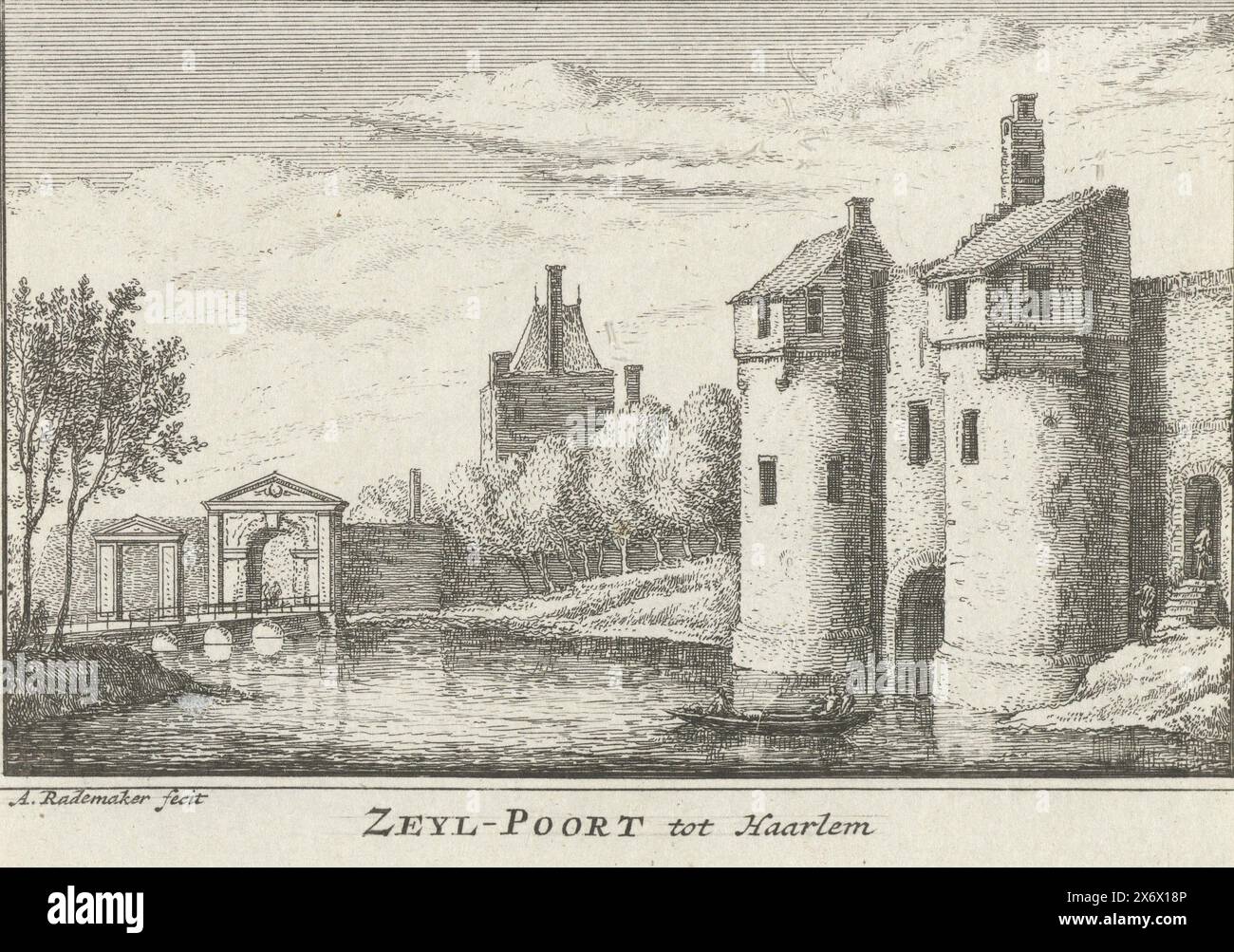 Vue du Zijlpoort et des Raakstorens à Haarlem, Zeyl-Poort tot Haarlem (titre sur l'objet), vue du Zijlpoort et des deux Raakstorens à Haarlem depuis le Stadsbuitensingel, dans la situation vers 1661., imprimerie, imprimerie : Abraham Rademaker, (mentionné sur l'objet), éditeur : Willem Barents, éditeur : Antoni Schoonenburg, Amsterdam, 1727 - 1733, papier, gravure, hauteur, 80 mm × largeur, 115 mm Banque D'Images