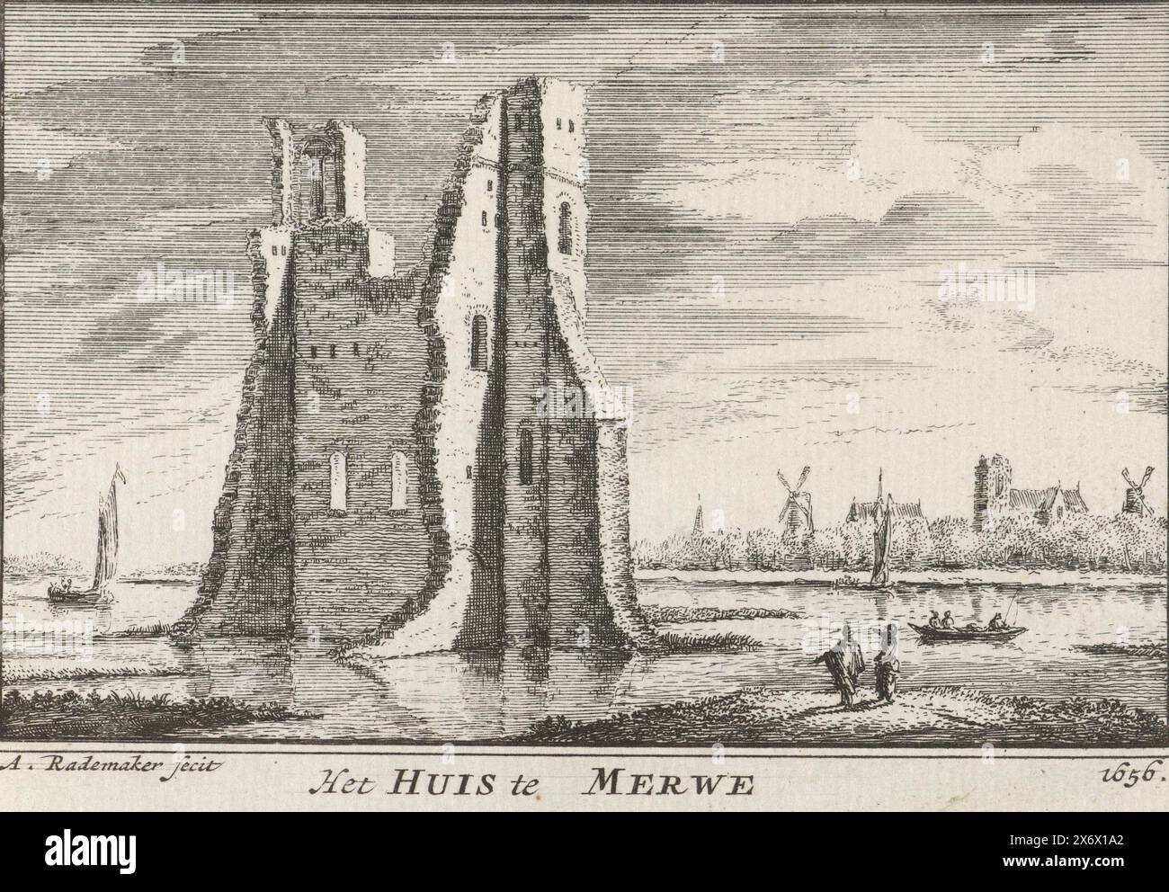 Vue des ruines de huis te Merwede, 1656, Het huis te Merwe 1656 (titre sur l'objet), vue des ruines de huis te Merwede sur la rivière Merwede, dans la situation vers 1656. Au premier plan quelques figures et à l'arrière-plan divers bateaux et les contours de Dordrecht., estampe, imprimeur : Abraham Rademaker, (mentionné sur l'objet), éditeur : Willem Barents, éditeur : Antoni Schoonenburg, Amsterdam, 1727 - 1733, papier, gravure, hauteur, 80 mm × largeur, 115 mm Banque D'Images