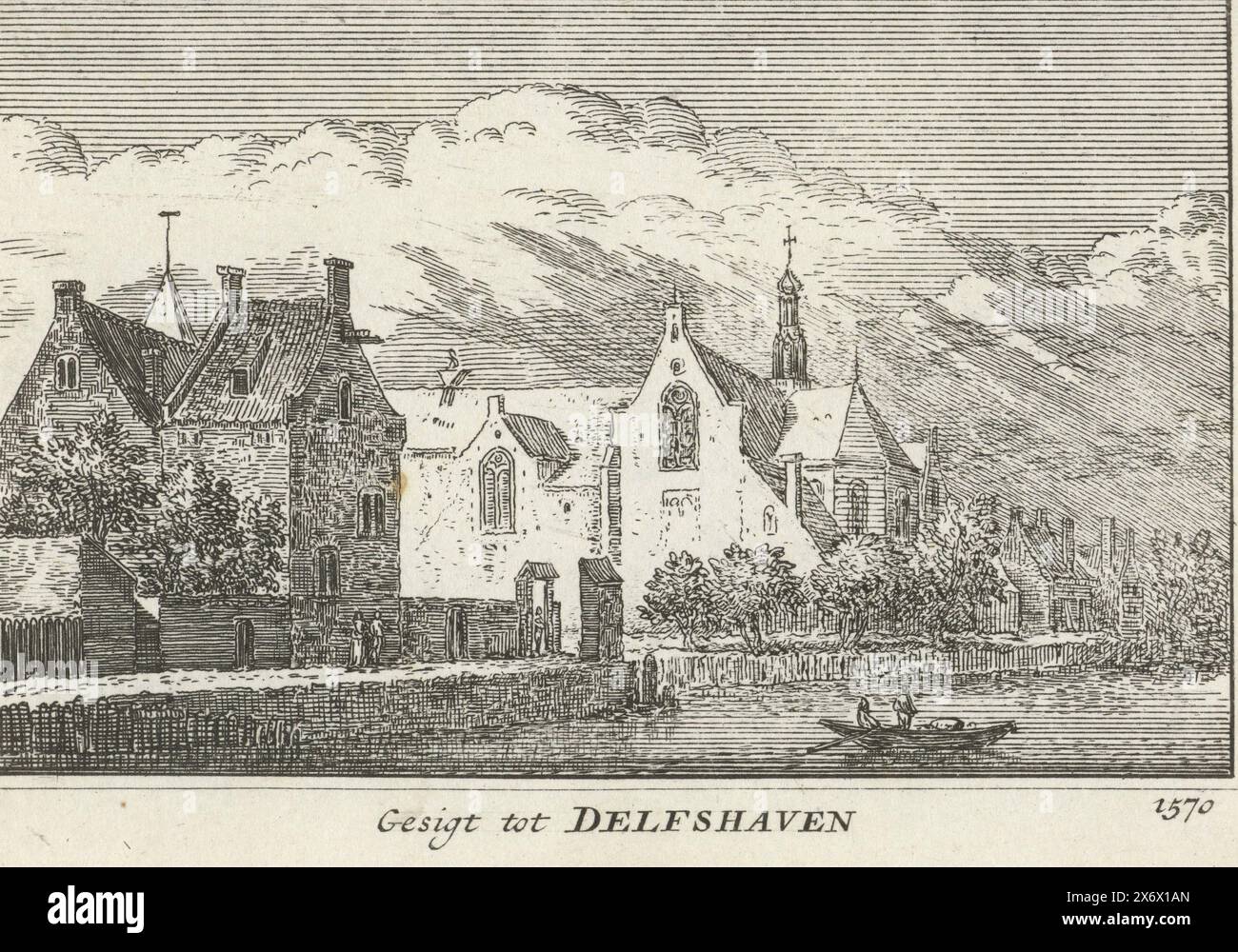 Vue de Delfshaven, 1570, vue de Delfshaven 1570 (titre sur objet), vue de Delfshaven, dans la situation vers 1570. A gauche l'église des Pères anciens ou pèlerins et au premier plan un bateau à rames., estampe, imprimeur : Abraham Rademaker, (mentionné sur l'objet), éditeur : Willem Barents, éditeur : Antoni Schoonenburg, Amsterdam, 1727 - 1733, papier, gravure, hauteur, 80 mm × largeur, 115 mm Banque D'Images