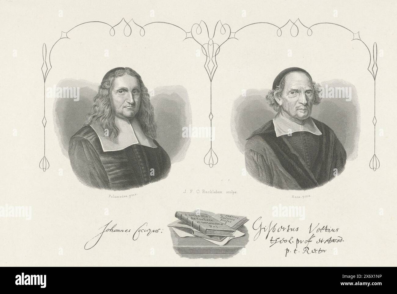 Portraits de Johannes Cocceius et Gisbertus Voetius, feuille avec deux portraits. A gauche, un portrait de Johannes Cocceius, professeur de théologie et philologue. A droite un portrait du prédicateur et professeur de théologie Gisbertus Voetius. Les sujets ont été impliqués dans un conflit théologique entre eux au milieu du XVIIe siècle., estampe, imprimeur : Jan Frederik Christiaan Reckleben, (mentionné sur l'objet), après peinture par : Anthonie Palamedesz, (mentionné sur l'objet), après peinture par : Nicolaes Maes, (mentionné sur l'objet), Amsterdam, 1829 - 1879, papier, gravure sur acier, hauteur Banque D'Images