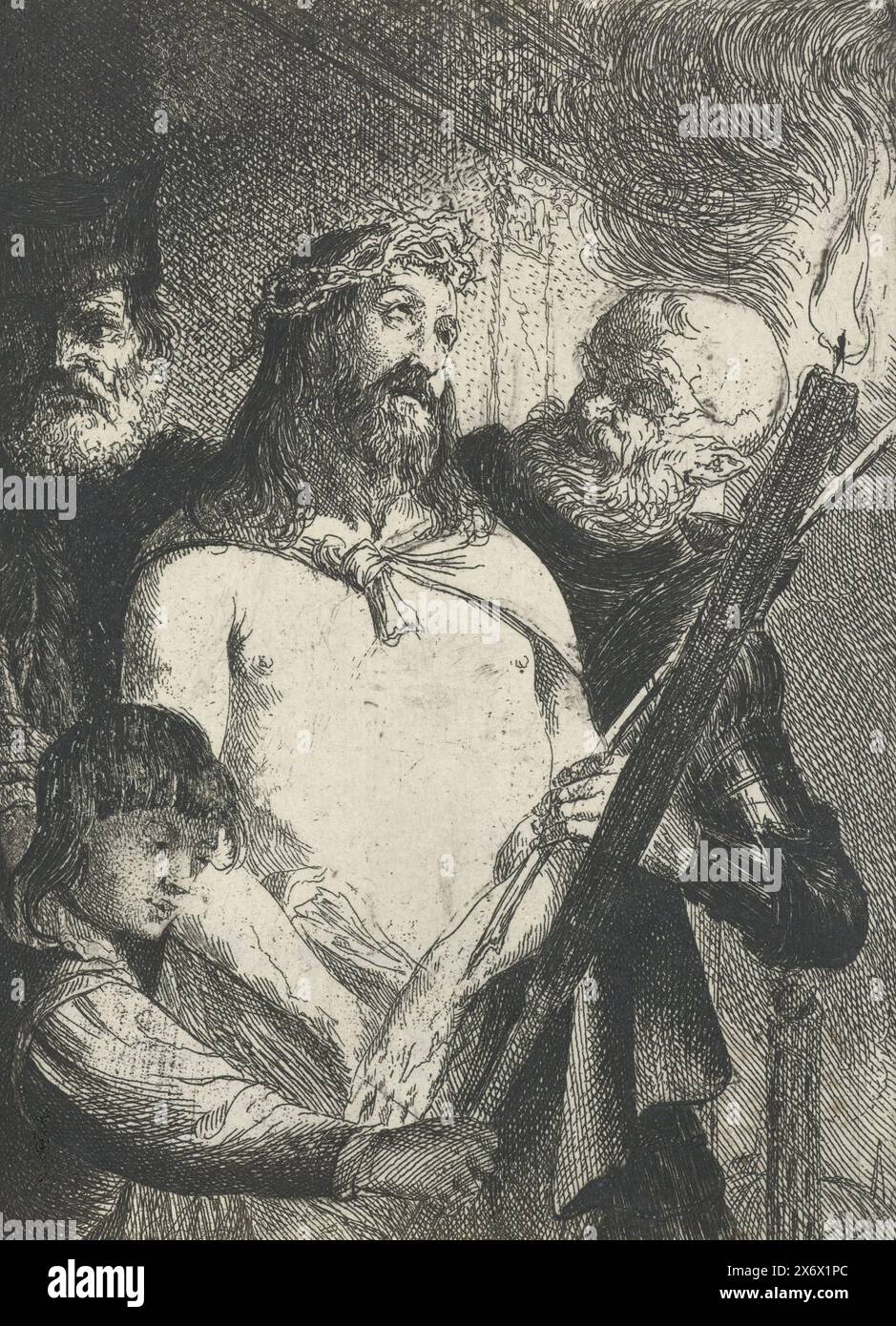 Ecce Homo, le Christ menotté, avec une couronne d'épines sur sa tête, est montré au peuple. (John 19.5), imprimeur, imprimeur : Pieter Rotterdam, pays-Bas du Nord, (possiblement), 1639 - 1706, papier, gravure, hauteur, 138 mm × largeur, 101 mm Banque D'Images