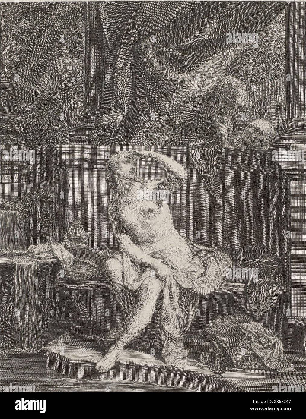 Susanna et les anciens, imprimerie, imprimeur : Louis Surugue, (mentionné sur l'objet), après peinture par : Nicolaas Verkolje, (mentionné sur l'objet), Lodewijk XV (koning van Frankrijk), (mentionné sur l'objet), France, 1729, papier, gravure, gravure, hauteur, 301 mm × largeur, 221 mm Banque D'Images