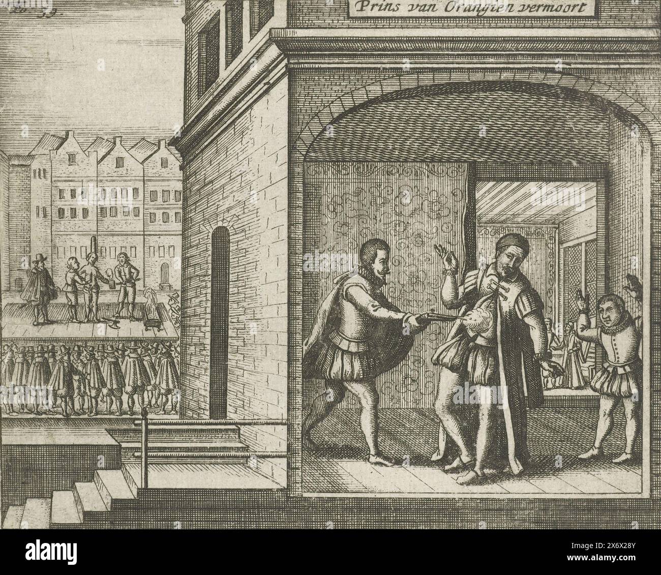 Meurtre du Prince d'Orange, 1584, Prince d'Orangien assassiné (titre sur objet), Prince d'Orange assassiné à Delft par Balthasar Gerards, 10 juillet 1584. Au premier plan, le prince est abattu, à l'arrière-plan l'exécution de Bathasar Gerards sur l'échafaudage le 14 juillet 1584., impression, imprimeur : anonyme, après impression par : anonyme, pays-Bas du Nord, 1620 - 1699, papier, gravure, hauteur, 110 mm × largeur, 125 mm Banque D'Images