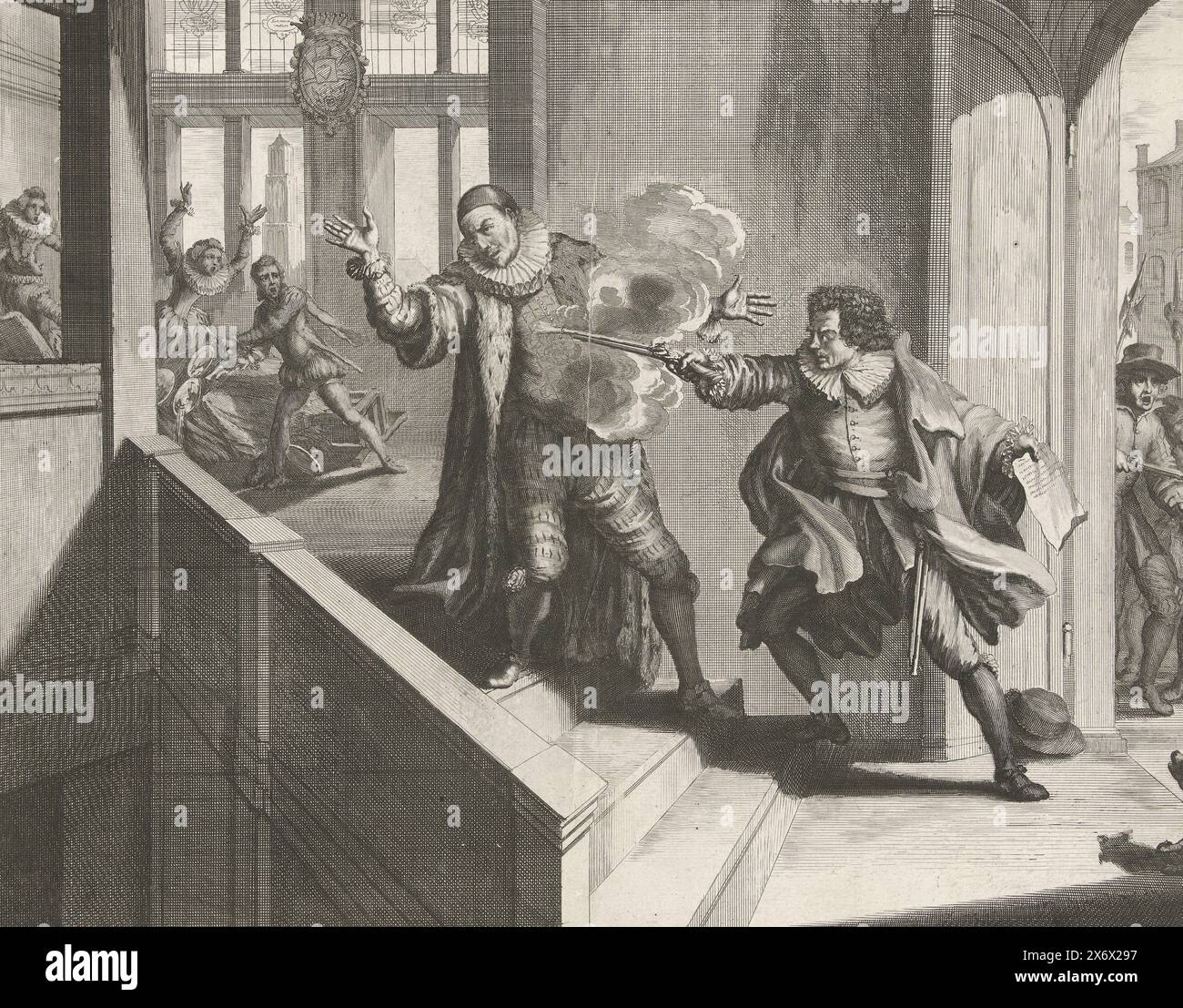 Meurtre du Prince d'Orange, 1584, le Prince d'Orange assassiné à Delft par Balthasar Gerards, le 10 juillet 1584. Guillaume d'Orange est photographié par Balthasar Gerards dans un escalier près de la porte ouverte., impression, imprimeur : Jan Luyken, après conception par : Romeyn de Hooghe, pays-Bas du Nord, 1678 - 1680, papier, gravure, gravure, hauteur, 272 mm × largeur, 343 mm Banque D'Images