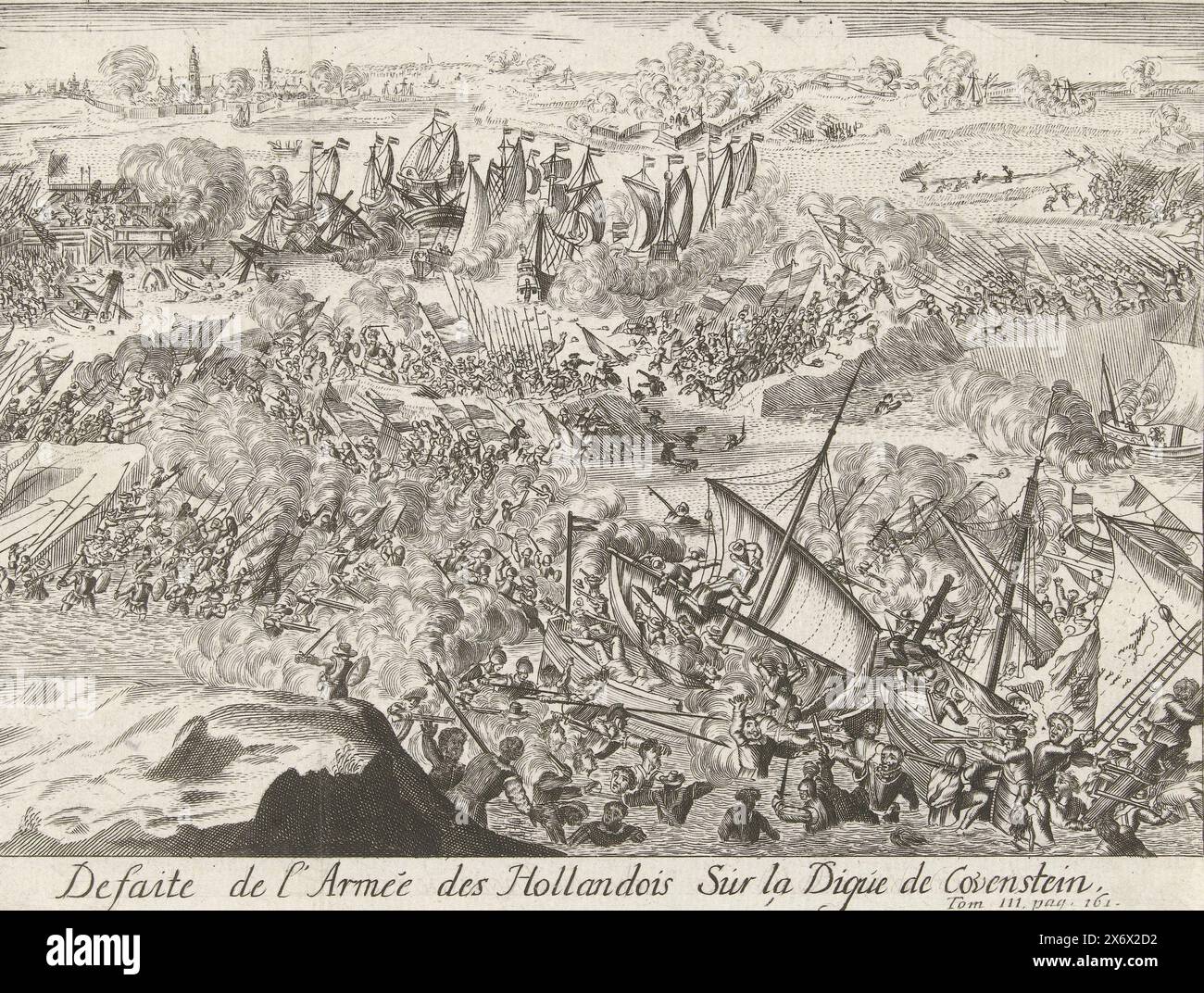 Bataille pour la digue de Kauwenstein, 1585, défaite de l'Armée des Hollandois sur la Digue de Covenstein (titre sur objet), bataille sur la digue de Kauwenstein, 26 mai 1585. Bataille autour de la digue partiellement brisée, avec de nombreux voiliers., impression, imprimeur : Lamberecht causé, après impression par : Romeyn de Hooghe, Low Countries, 1670 - 1699, papier, gravure, hauteur, 126 mm × largeur, 167 mm Banque D'Images