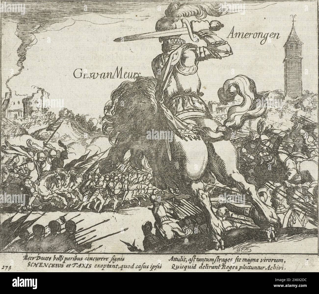Défaite d'Adolphe, comte de Nieuwenaar et meurs et Maarten Schenck à Amerongen, 1585, défaite d'Adolphe, comte de Nieuwenaar et meurs et Maarten Schenck à l'écluse à Amerongen, 23 juin 1585. Épisode de la guerre de Cologne. Avec légende de 4 lignes en latin. Numéroté : 173. Imprimé au dos avec texte en latin., impression, imprimeur : Simon Frisius, pays-Bas du Nord, 1613 - 1615, papier, gravure, hauteur, 136 mm × largeur, 159 mm Banque D'Images