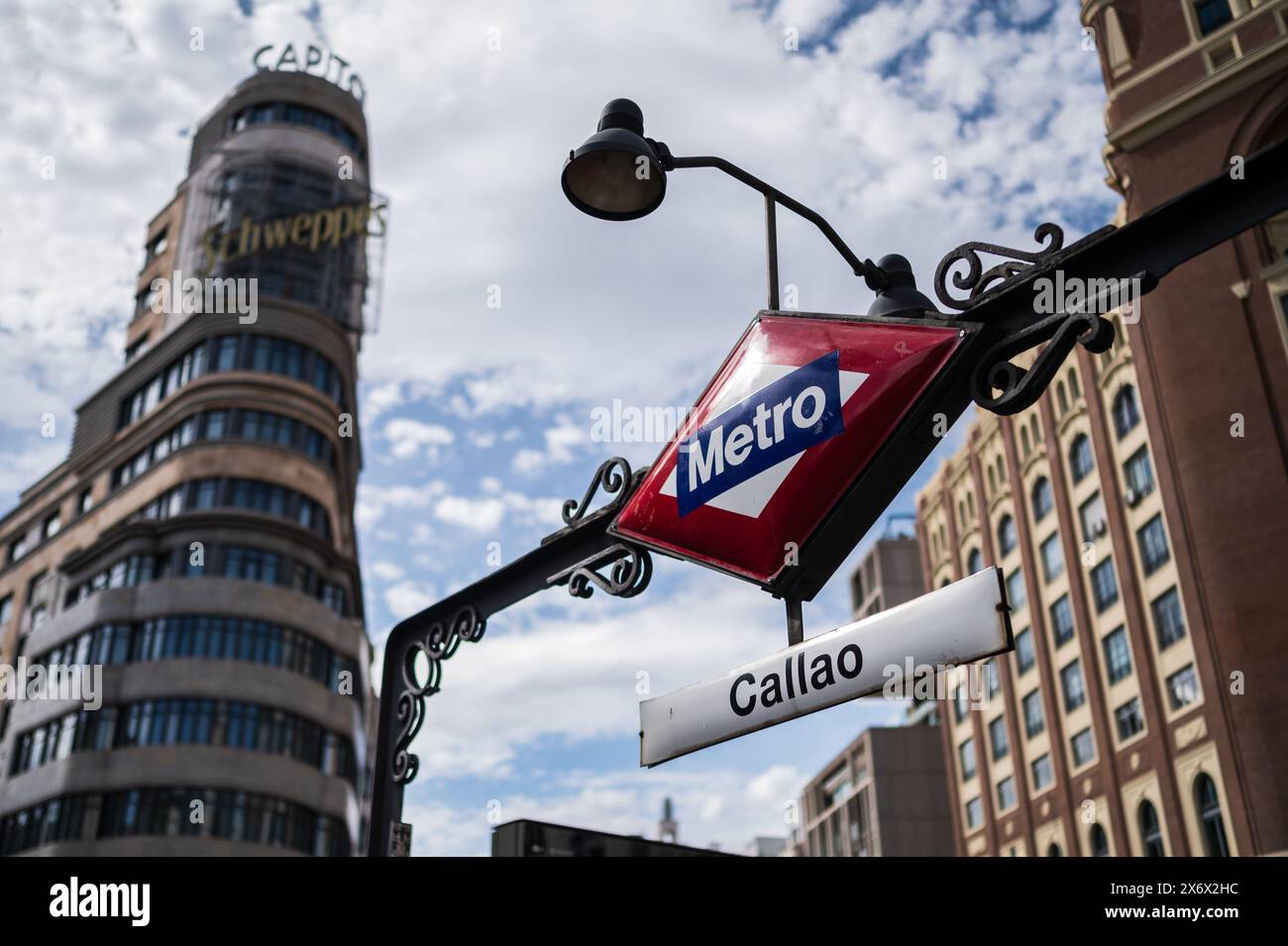 Panneau d'entrée du métro Callao à Madrid, Espagne Banque D'Images
