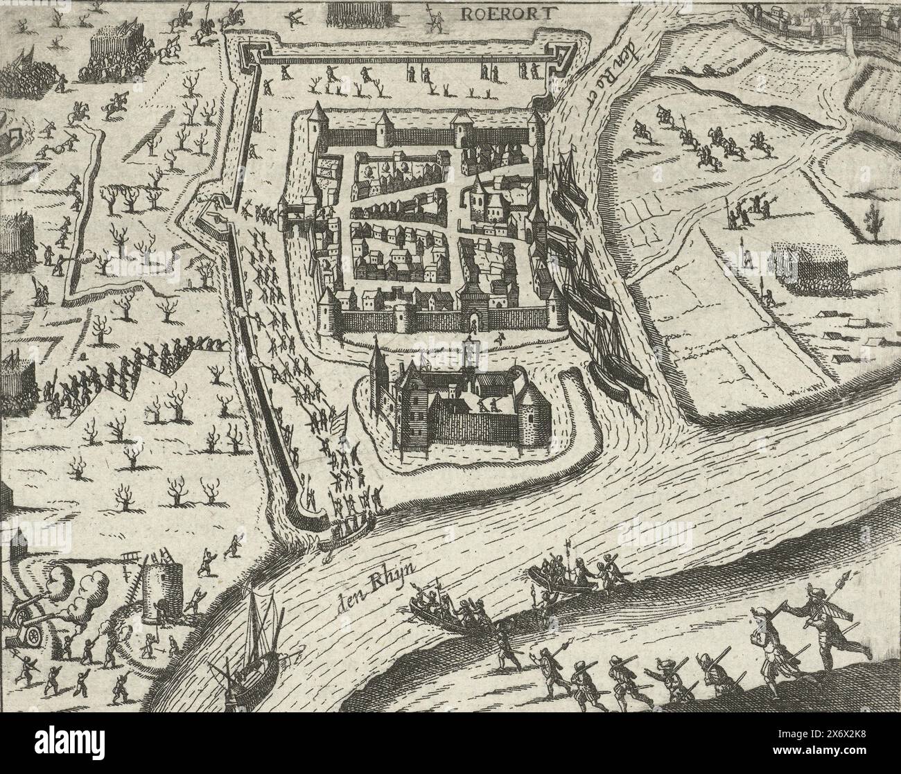 Capture de Ruhrort, 1587, Ruhrort capturé par les troupes de Schenck, janvier 1587. Épisode de la guerre de Cologne. Avec légende de 4 lignes en latin. Numéroté 190. Imprimé au dos avec texte en latin., impression, imprimeur : anonyme, après impression par : Frans Hogenberg, pays-Bas du Nord, 1613 - 1615, papier, gravure, hauteur, 136 mm × largeur, 159 mm Banque D'Images