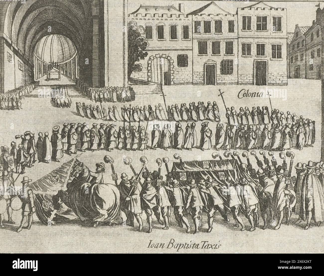 Funérailles de Johann Baptista von Tassis à Cologne, 1588, funérailles de Johann Baptista von Tassis, tué au siège de Bonn, à Cologne, le 26 avril 1588. Épisode de la guerre de Cologne. Avec légende de 4 lignes en latin. Numéroté 195. Imprimé au dos avec texte en latin., impression, imprimeur : Simon Frisius, après impression par : Frans Hogenberg, pays-Bas du Nord, 1613 - 1615, papier, gravure, hauteur, 134 mm × largeur, 161 mm Banque D'Images