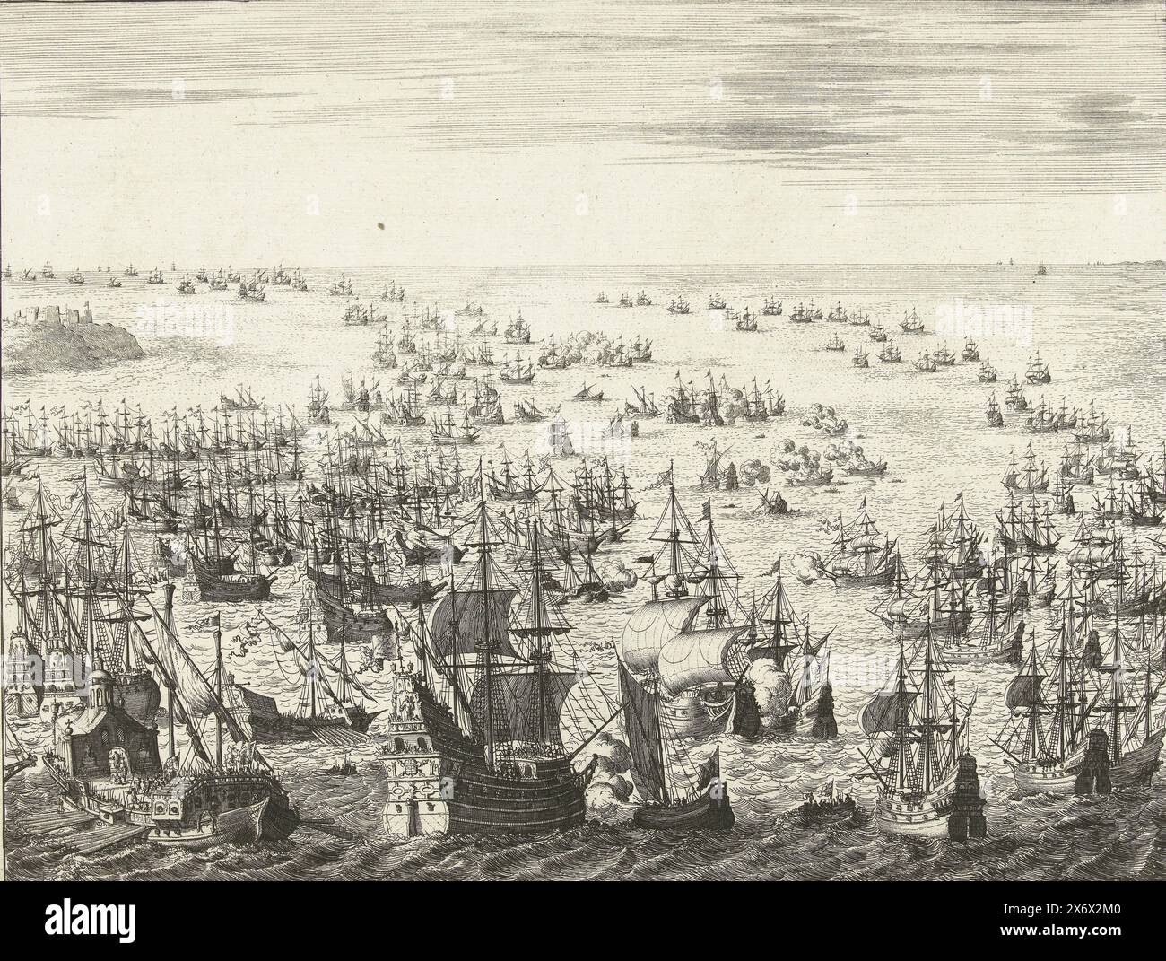 Disparition de l'Armada espagnole, la flotte de guerre espagnole du Jaere MDLXXXVIII (titre sur objet), disparition de l'Armada espagnole ou flotte invincible, entre le 31 juillet et le 12 août 1588. Bataille navale entre les flottes espagnole et anglaise et néerlandaise dans la Manche. Au premier plan, une grande frégate espagnole est attaquée par un petit navire hollandais avec la bannière de la ville de Leyde, à gauche une galère., imprimeur : Jan Luyken, (mentionné sur l'objet), pays-Bas du Nord, 1679 - 1681, papier, gravure, hauteur, 272 mm × largeur, 350 mm Banque D'Images