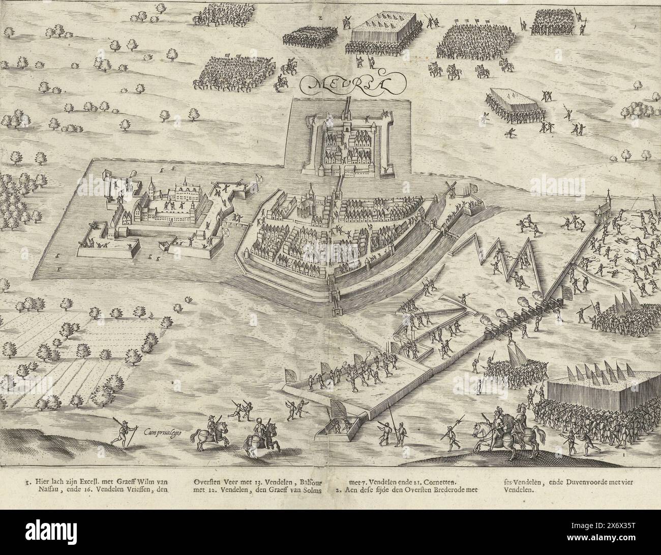 Siège et conquête de meurs, 1597, siège et conquête de meurs par l'armée d'État sous le prince Maurits, 5 septembre 1597. Plan de la ville avec les positions prises par l'armée de l'État à droite et au-dessus. Imprimé séparément sous la plaque The Legend 1-2 en néerlandais., imprimerie, imprimeur : Pieter Bast, (attribué à), inconnu, Nord des pays-Bas, 1600 - 1601 et/ou 1610, papier, gravure, typographie, hauteur, 220 mm × largeur, 312 mm Banque D'Images