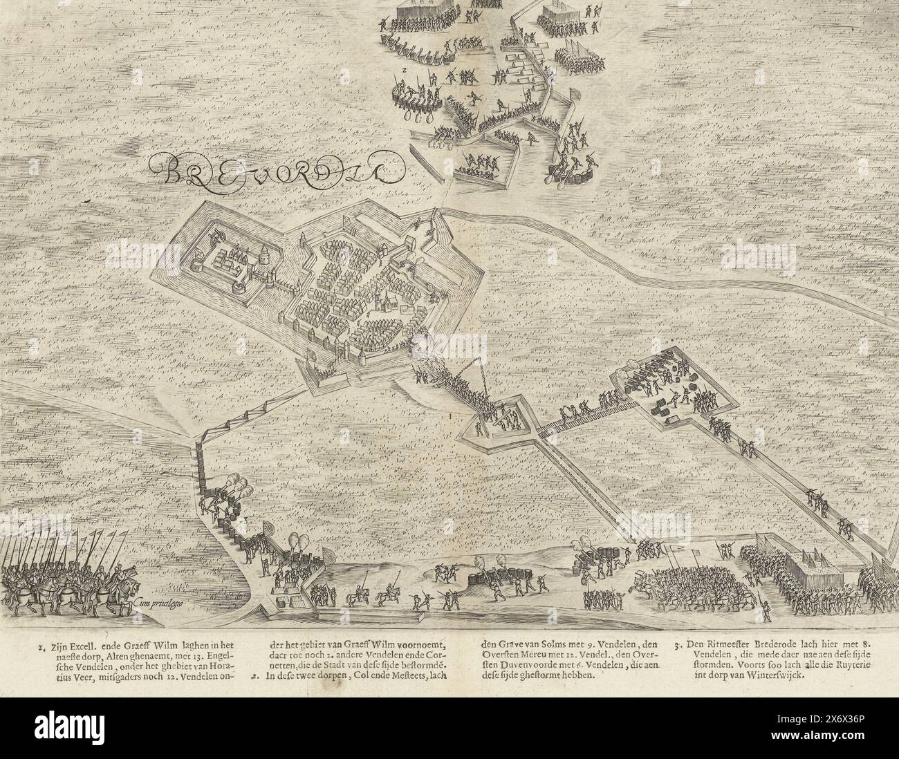 Siège et conquête de Bredevoort, 1597, siège et conquête de la ville et du château de Bredevoort, par l'armée d'État sous le prince Maurits, 12 octobre 1597. Plan de la ville avec les positions de l'armée de l'État appelant. Imprimé séparément sous la plaque The Legend 1-3 en néerlandais., imprimerie, imprimeur : Pieter Bast, (attribué à), inconnu, Nord des pays-Bas, 1600 - 1601 et/ou 1610, papier, gravure, typographie, hauteur, 322 mm × largeur, 399 mm Banque D'Images