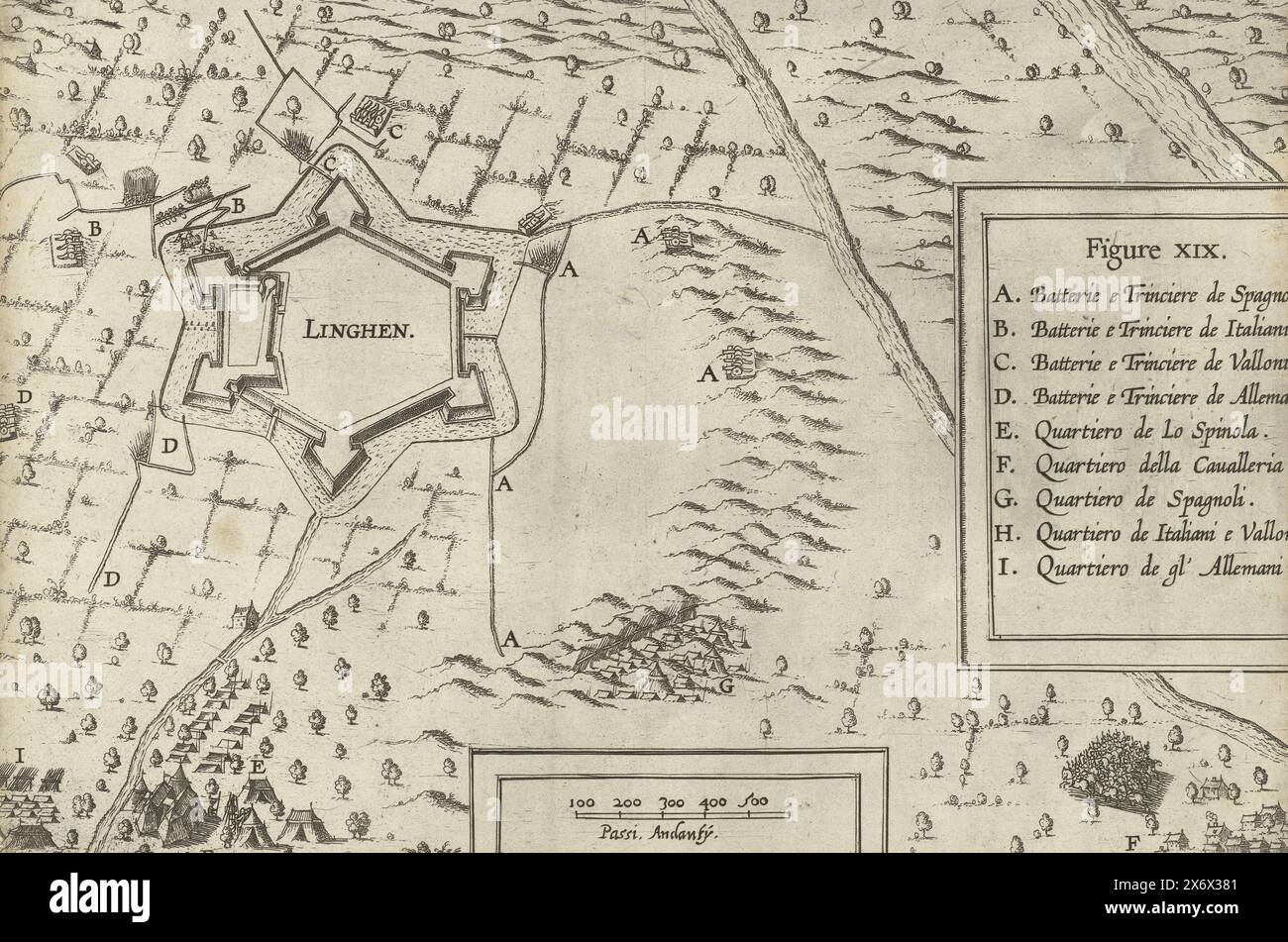 Siège et conquête de Lingen par Spinola, 1605, siège et conquête de Lingen par l'armée espagnole sous Spinola, 12-21 août 1605. Plan de la ville avec les positions et campements des troupes assiégeantes. A droite un cartouche avec la légende A-I en italien, au bas de l'échelle., estampe, imprimeur : anonyme, Italie, 1605 - 1607, papier, gravure, hauteur, 184 mm × largeur, 275 mm Banque D'Images