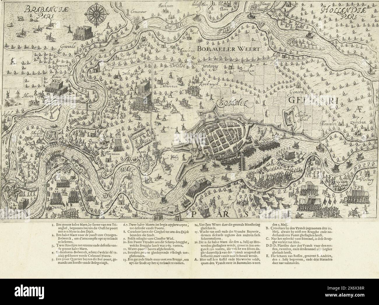 Siège de Zaltbommel et d'autres bastions dans le Bommelerwaard et construction de Sint-Andries, 1599, siège des Espagnols sous Mendoza de Zaltbommel et d'autres bastions dans le Bommelerwaard aux mains de l'armée d'État sous le prince Maurits, et la construction du préparé -Andries, début mai à septembre 1599. Sur la gauche la Maas, en bas le Waal, au milieu Bommel. Imprimé séparément sous la plaque la légende 1-16 et A-E en néerlandais., impression, imprimeur : Bartholomeus Willemsz. Dolendo, (attribué à), Nord des pays-Bas, 1600 - 1601 et/ou 1610, papier, gravure Banque D'Images