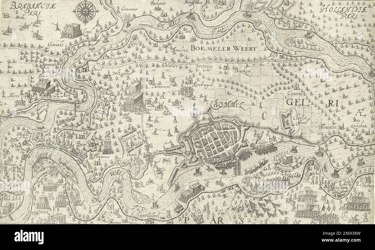 Siège de Zaltbommel et d'autres bastions dans le Bommelerwaard et construction de Sint-Andries, 1599, siège des Espagnols sous Mendoza de Zaltbommel et d'autres bastions dans le Bommelerwaard aux mains de l'armée d'État sous le prince Maurits, et la construction du préparé -Andries, début mai à septembre 1599. Sur la gauche la Maas, en bas le Waal, au milieu Bommel. Sans la légende sous la plaque., impression, imprimeur : Bartholomeus Willemsz. Dolendo, (attribué à), Nord des pays-Bas, 1600 - 1601 et/ou 1610, papier, gravure, hauteur, 221 mm × largeur, 368 mm Banque D'Images