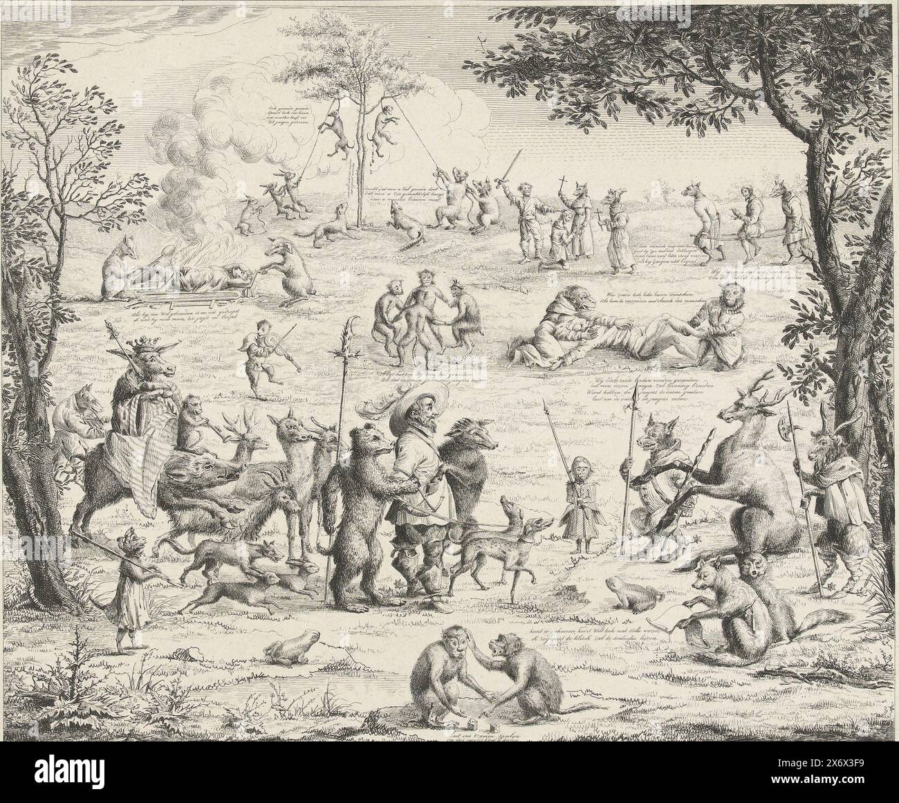 Le chasseur essayé par les animaux, vers 1600, Cartoon du mauvais monde dans lequel le chasseur est capturé et essayé par les animaux. En arrière-plan, les gens sont volés par des animaux, décapités et rôtis vivants sur des broches pendant que les animaux célèbrent. Dans les versets de performance en néerlandais. Copie d'après un exemple du XVIIe siècle., impression, imprimeur : anonyme, imprimeur : Charles Onghena, (éventuellement), après impression par : anonyme, imprimeur : pays-Bas, imprimeur : Belgique, 1800 - 1899, gravure, hauteur, 267 mm × largeur, 313 mm Banque D'Images