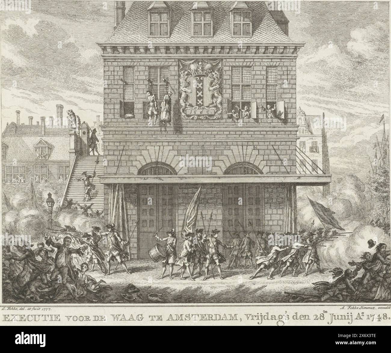 Troubles pendant la pendaison d'un homme et d'une femme au Waag à Amsterdam, 28 juin 1748, exécution devant le Waag à Amsterdam, vendredi 28 juin, Ao. 1748 (titre sur objet), troubles lors de la pendaison d'un homme et d'une femme (Piet van dort et le vendeur de citron et de plie séchée Mat van den Nieuwendijk), deux participants à l'émeute du Pachter, au Waag à Amsterdam, le 28 juin 1748. La milice ouvre le feu sur les spectateurs., estampe, imprimeur : Simon Fokke, (mentionné sur l'objet), d'après son propre dessin par : Simon Fokke, (mentionné sur l'objet), éditeur : Arend Fokke Simonsz., (mentionné sur l'objet Banque D'Images